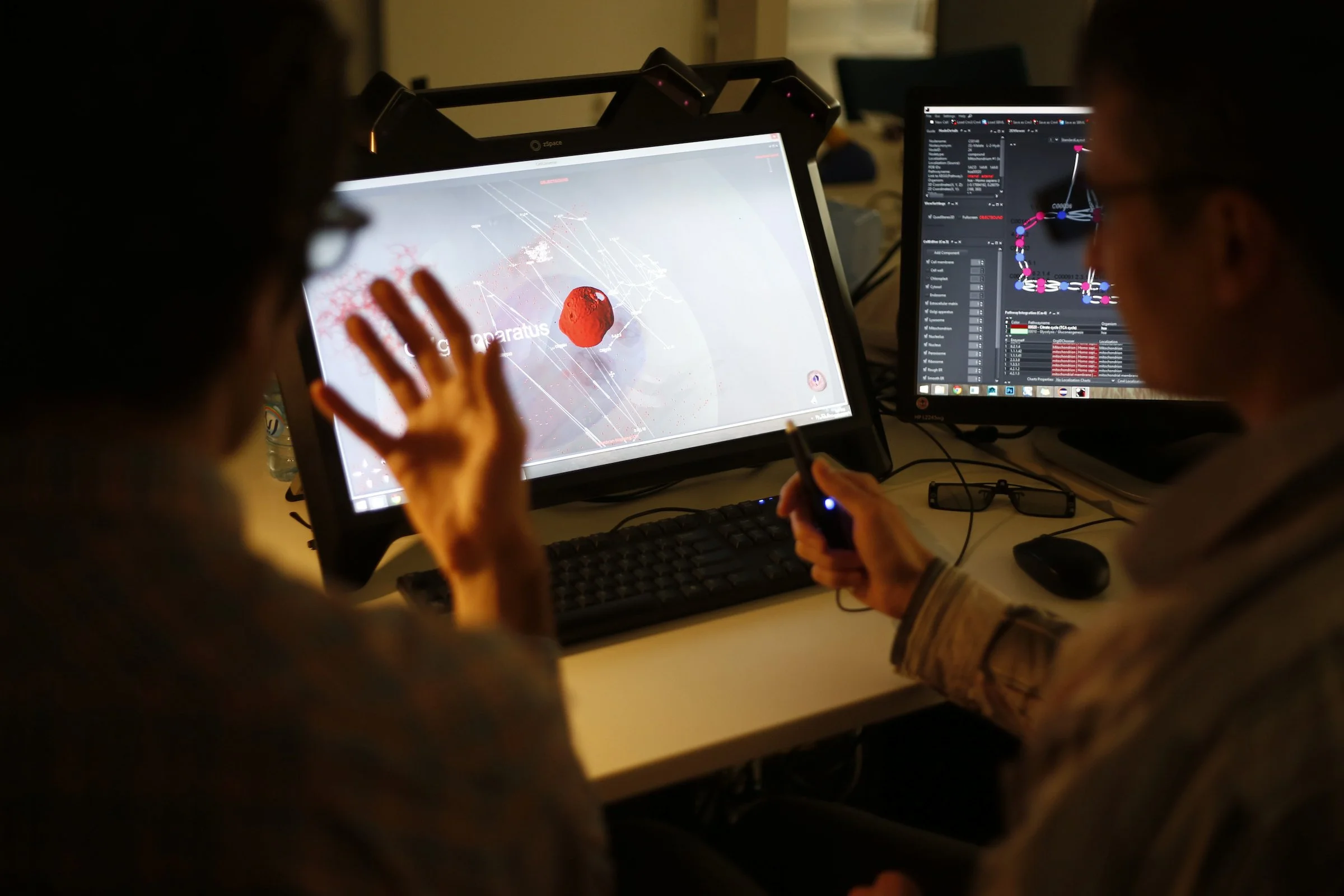 A researcher uses a stylus to examine a scientific image on a computer screen.
