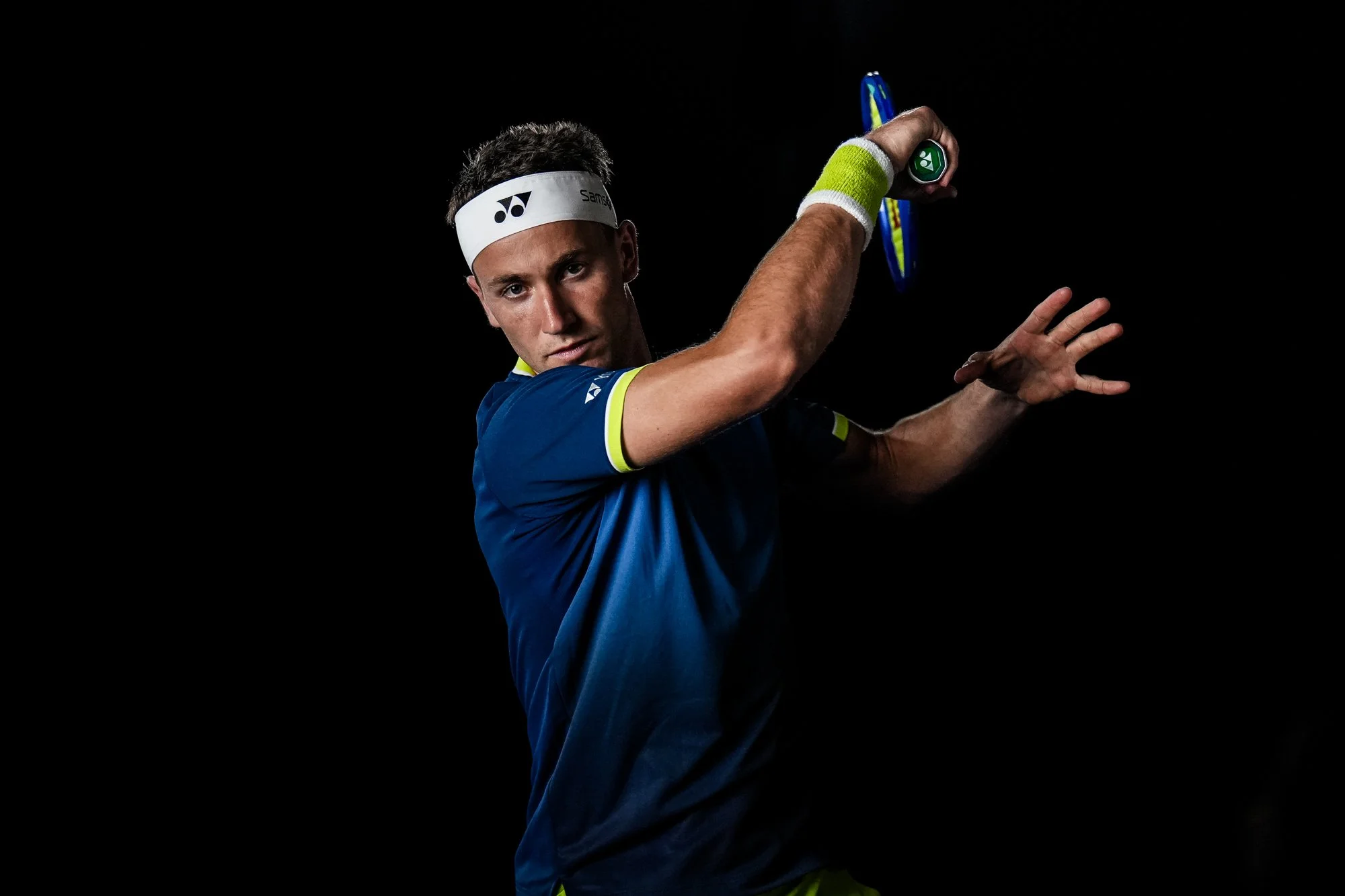 Casper Ruud poses during an Yonex content shoot at Melbourne Park in Melbourne.