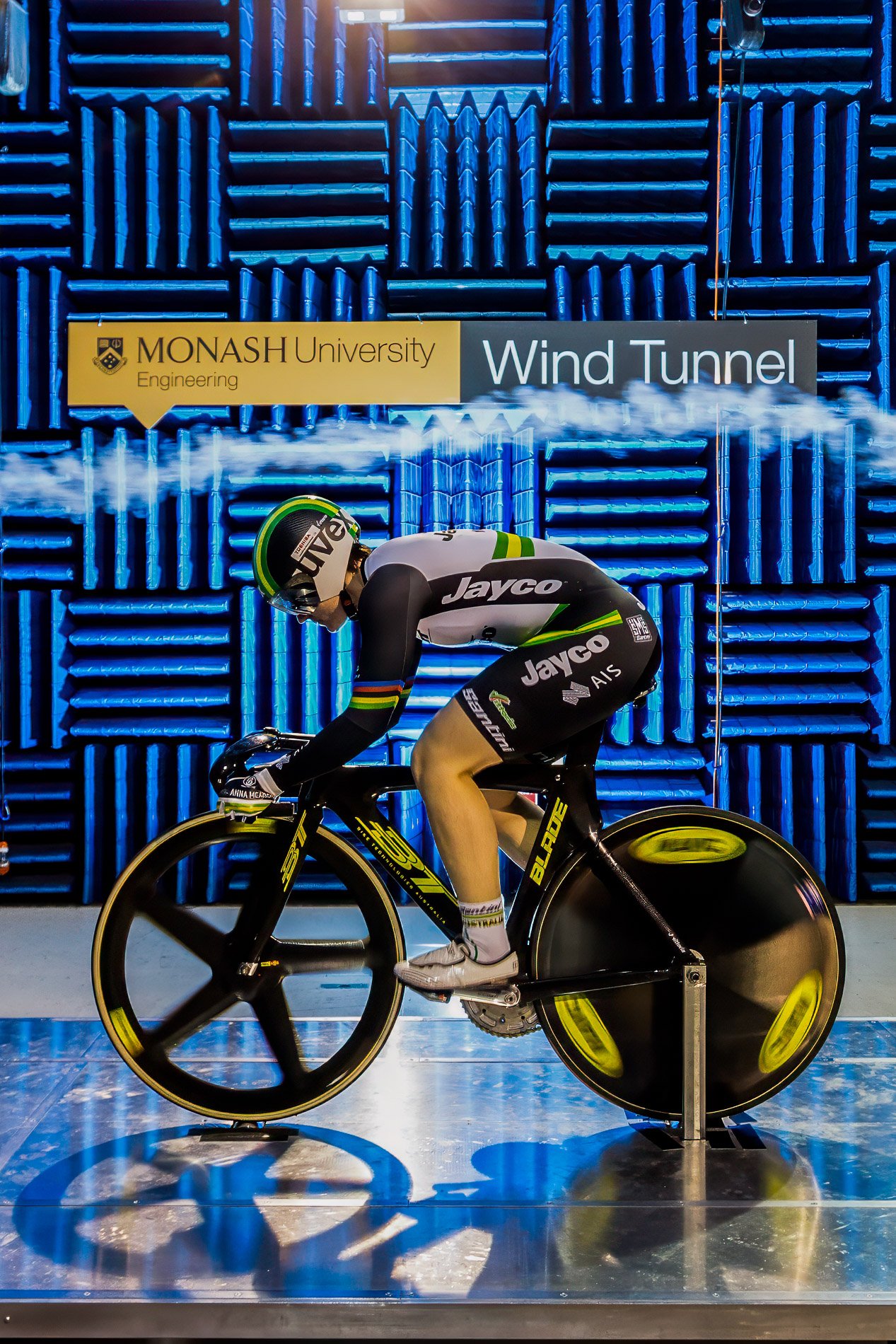 Australian track cyclist Anna Meares undergoes aerodynamic testing inside the Monash University wind tunnel.