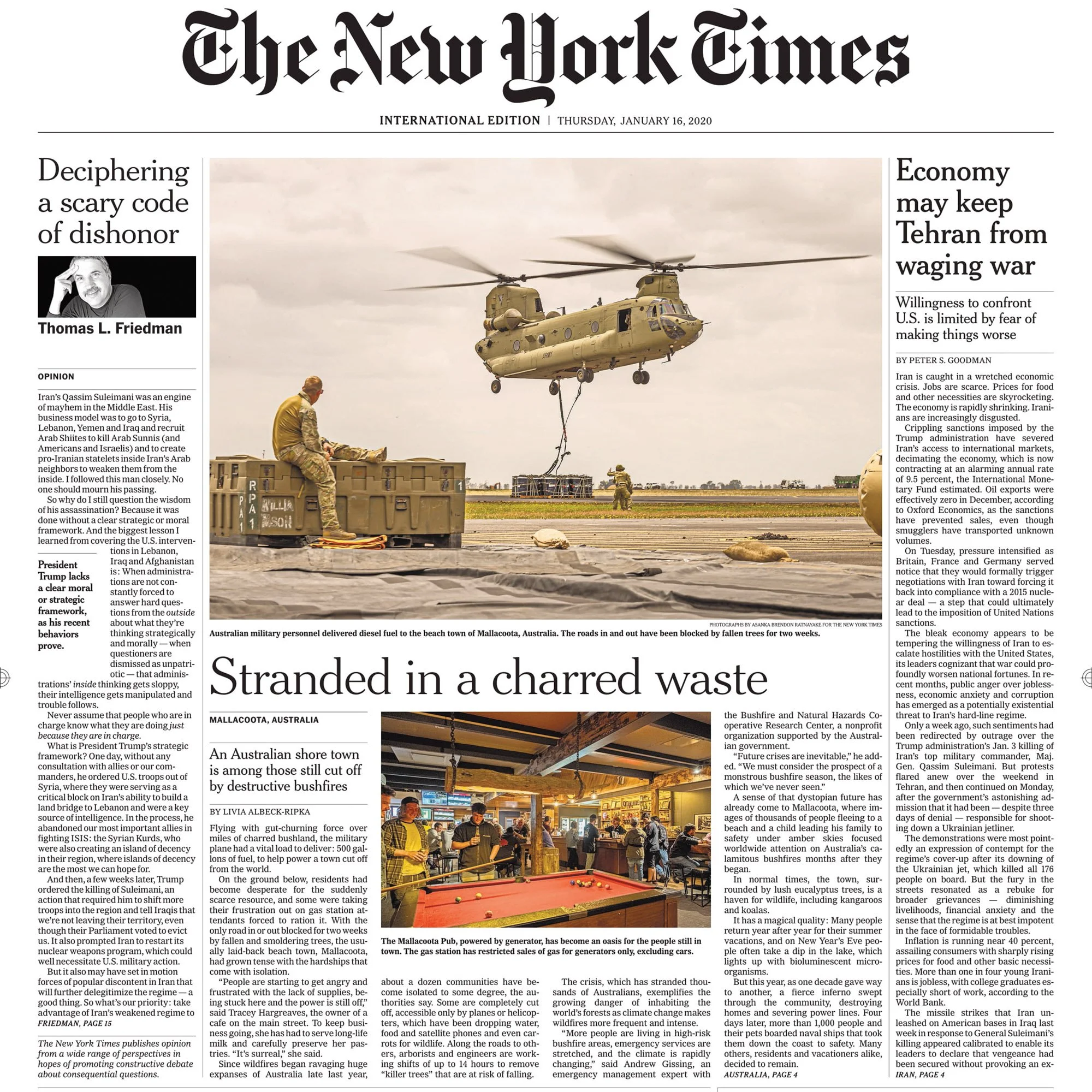 New York Times front-page tear sheet about the Mallacoota bushfires, featuring photography by Asanka Brendon Ratnayake.