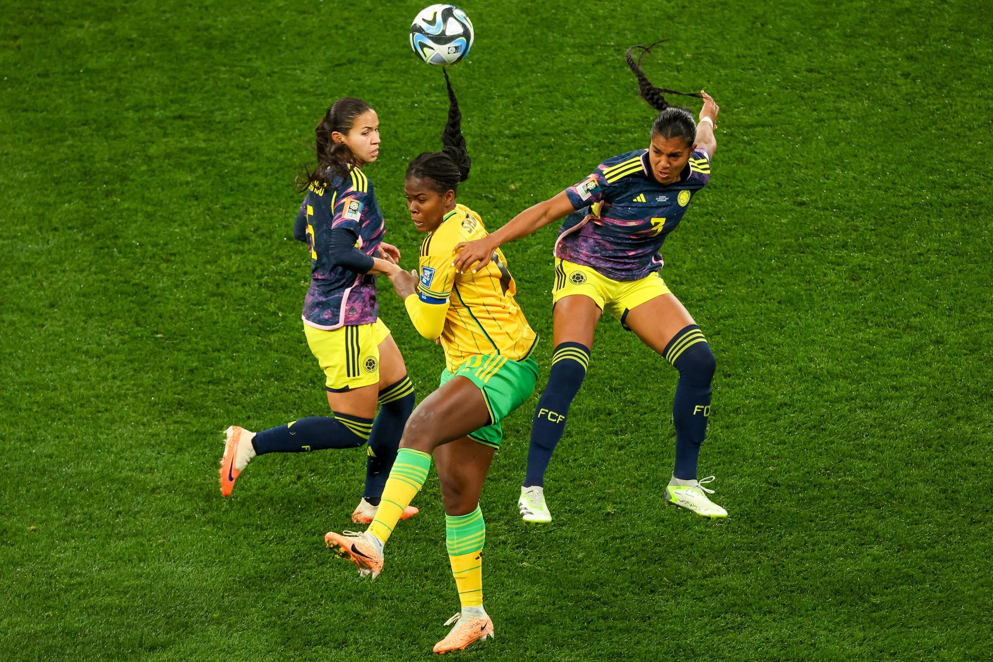 Jamaica’s Khadija Shaw competes with Colombia’s Daniela Arias during the 2023 FIFA Women’s World Cup Round of 16 match in Melbourne.