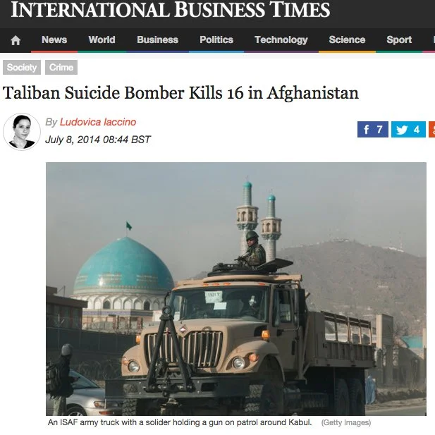 International Business Times clipping about a Taliban suicide bomber in Kabul, Afghanistan, featuring photography by Asanka Brendon Ratnayake.
