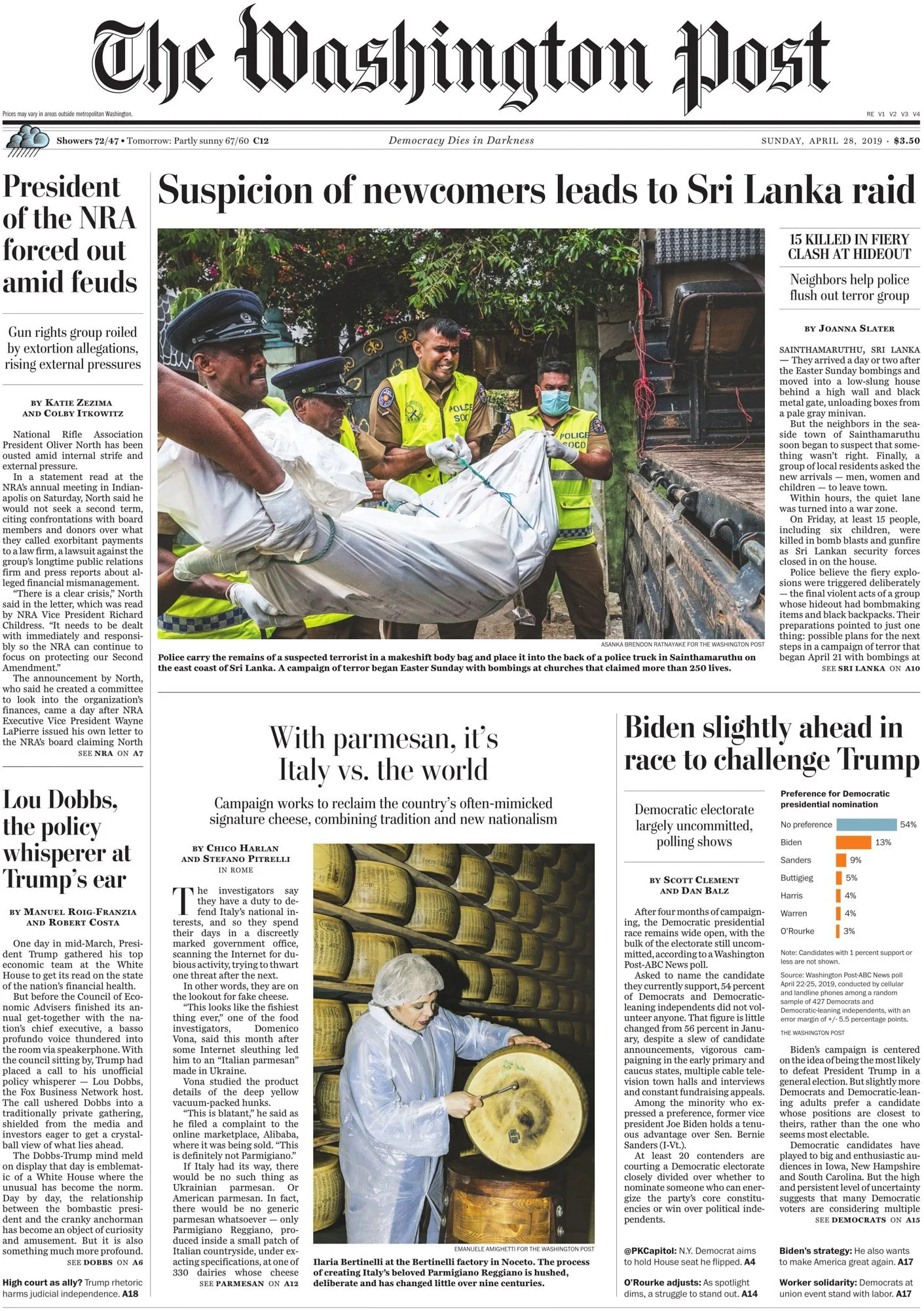 Washington Post front-page tear sheet about Sri Lankan Muslims after the Easter bombings, featuring photography by Asanka Brendon Ratnayake.