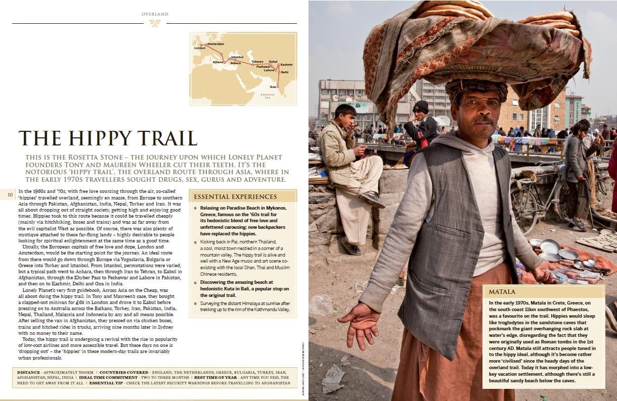 Lonely Planet Great Journeys book spread about the Hippy Trail, featuring photography by Asanka Brendon Ratnayake.