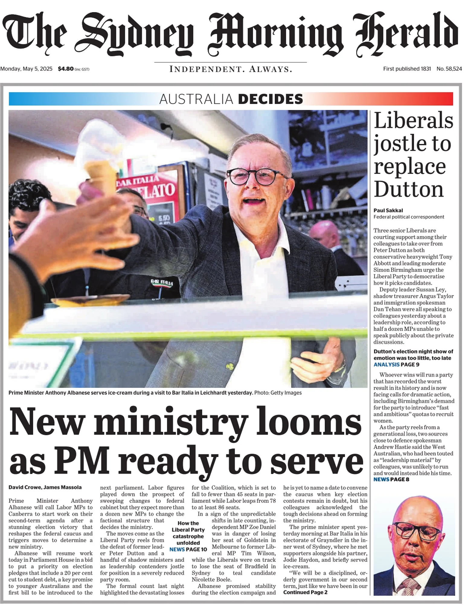 Sydney Morning Herald front-page tear sheet following Anthony Albanese’s 2025 federal election win, featuring photography by Asanka Brendon Ratnayake.