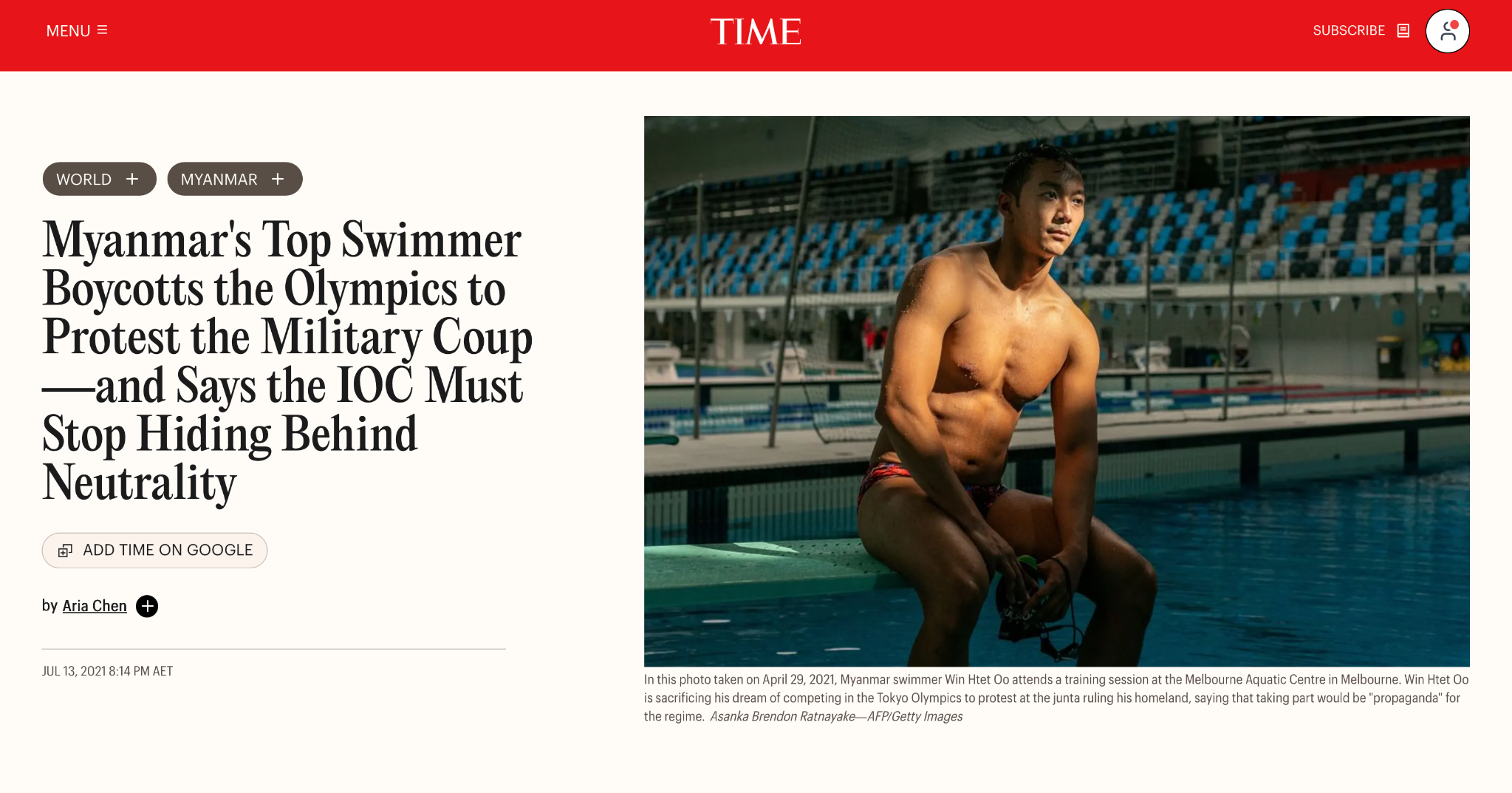Screenshot of a TIME article about Myanmar swimmer Win Htet Oo’s Olympic boycott, beside Asanka Brendon Ratnayake’s portrait of him seated at the Melbourne Aquatic Centre pool.