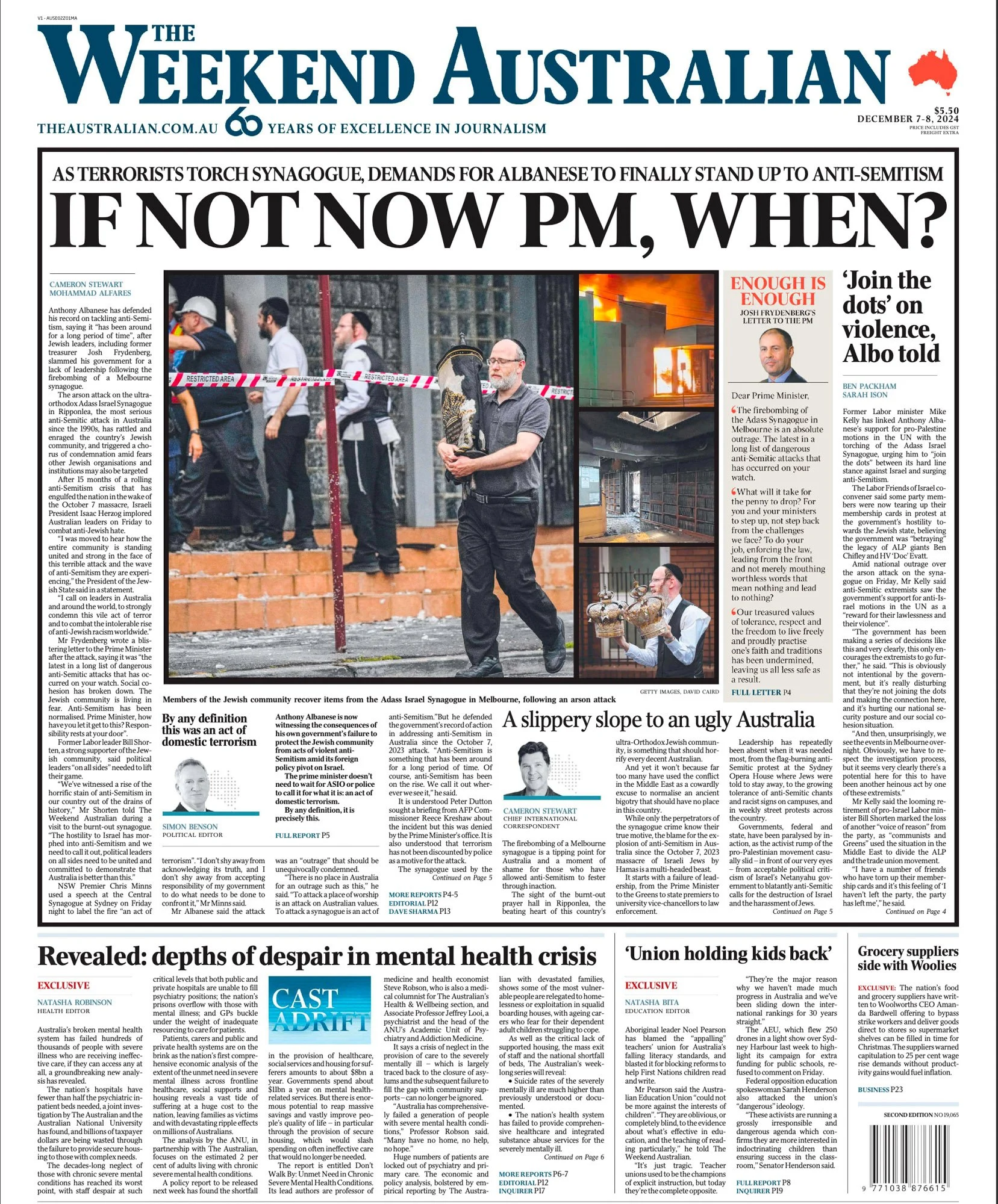 The Weekend Australian front-page tear sheet covering the Adass Israel Synagogue attack and political response, featuring photography by Asanka Brendon Ratnayake.