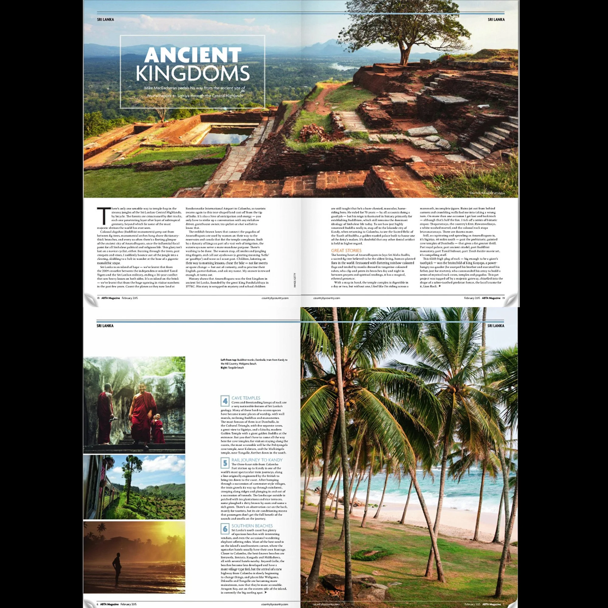 ASTA Magazine double-page Sri Lanka travel spread for “Ancient Kingdoms,” featuring photography by Asanka Brendon Ratnayake.