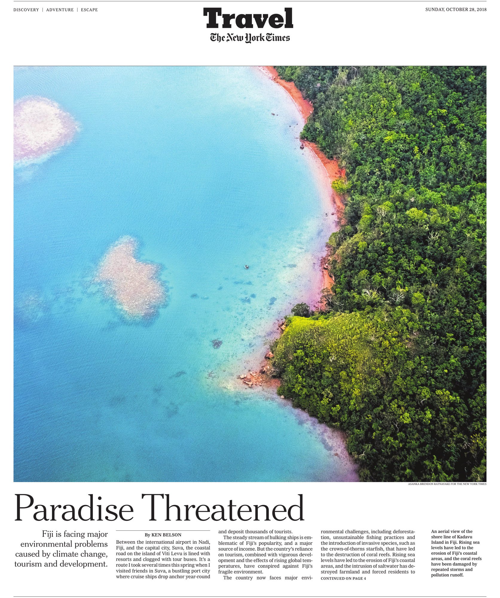 New York Times Travel front-page tear sheet for “Paradise Threatened,” featuring Fiji climate change photography by Asanka Brendon Ratnayake.