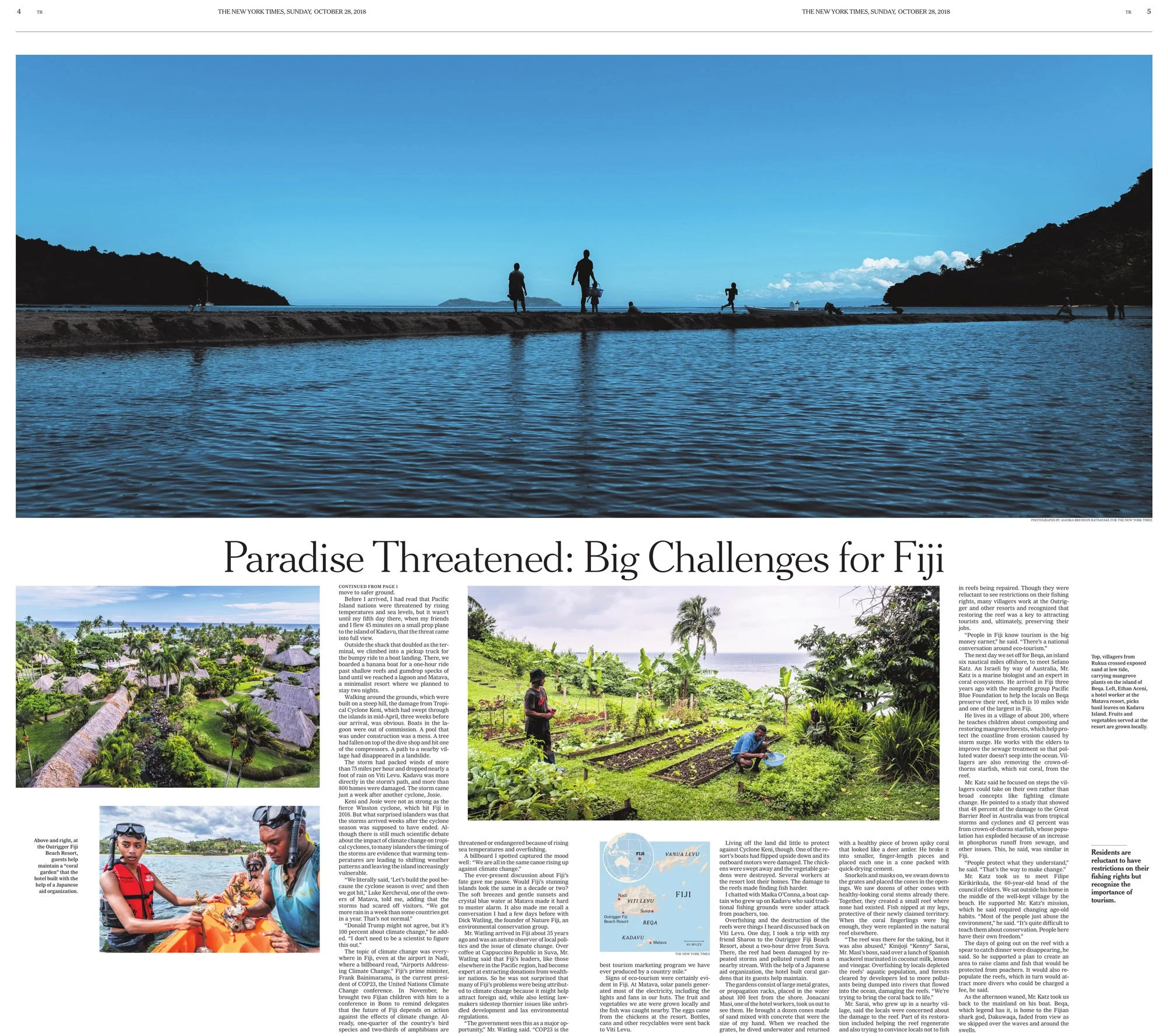 New York Times double-page spread for “Paradise Threatened: Big Challenges for Fiji,” featuring photography by Asanka Brendon Ratnayake.