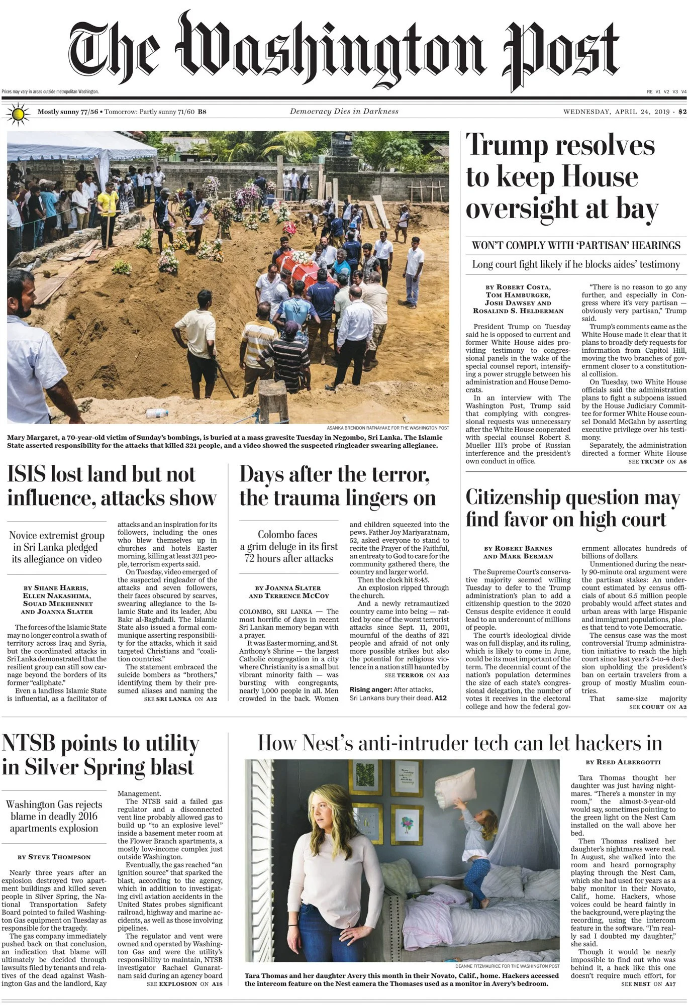 Washington Post front-page tear sheet about Sri Lankan Muslims after the Easter bombings, featuring photography by Asanka Brendon Ratnayake.