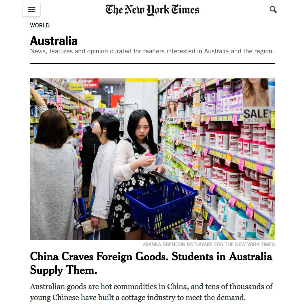 New York Times online clipping for “China Craves Foreign Goods. Students in Australia Supply Them,” featuring photography by Asanka Brendon Ratnayake.