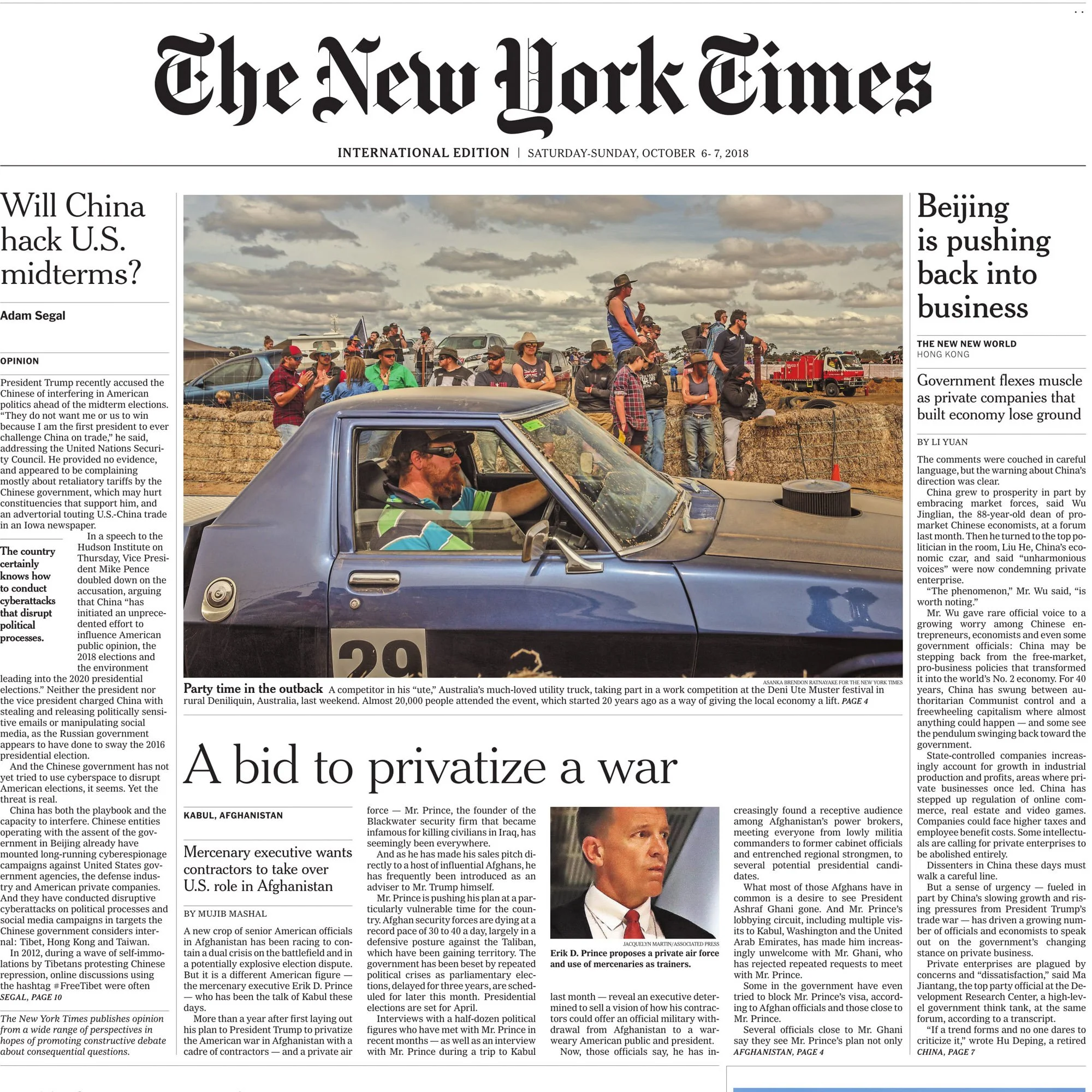 New York Times front-page tear sheet about the Deni Ute Muster and rural loneliness, featuring photography by Asanka Brendon Ratnayake.