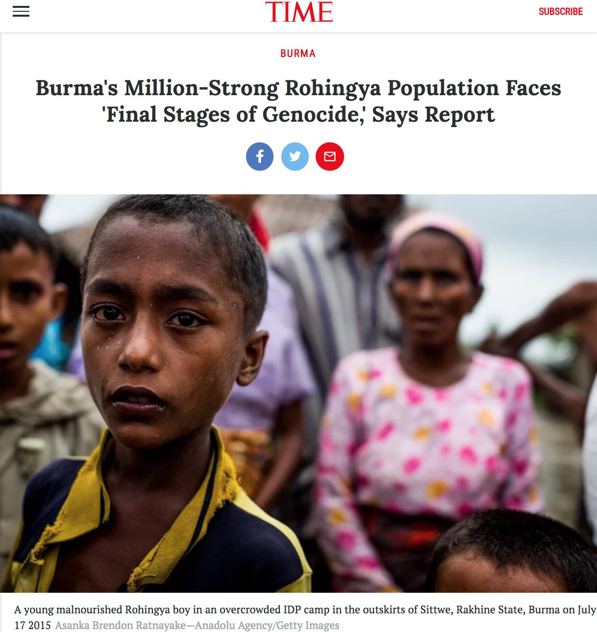 TIME online clipping about Rohingya persecution in Myanmar, featuring photography by Asanka Brendon Ratnayake.