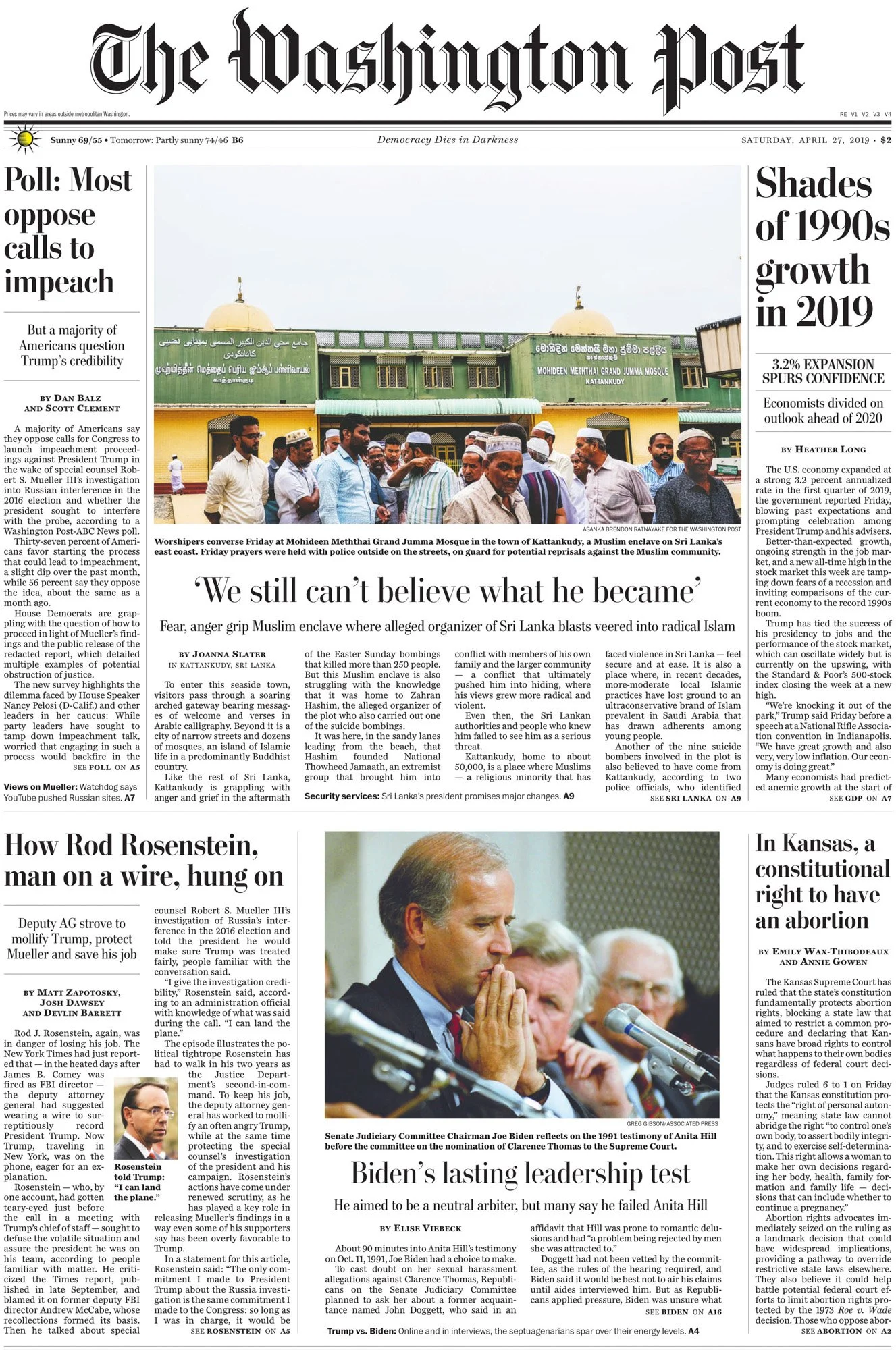 Washington Post front-page tear sheet about Sri Lankan Muslims after the Easter bombings, featuring photography by Asanka Brendon Ratnayake.