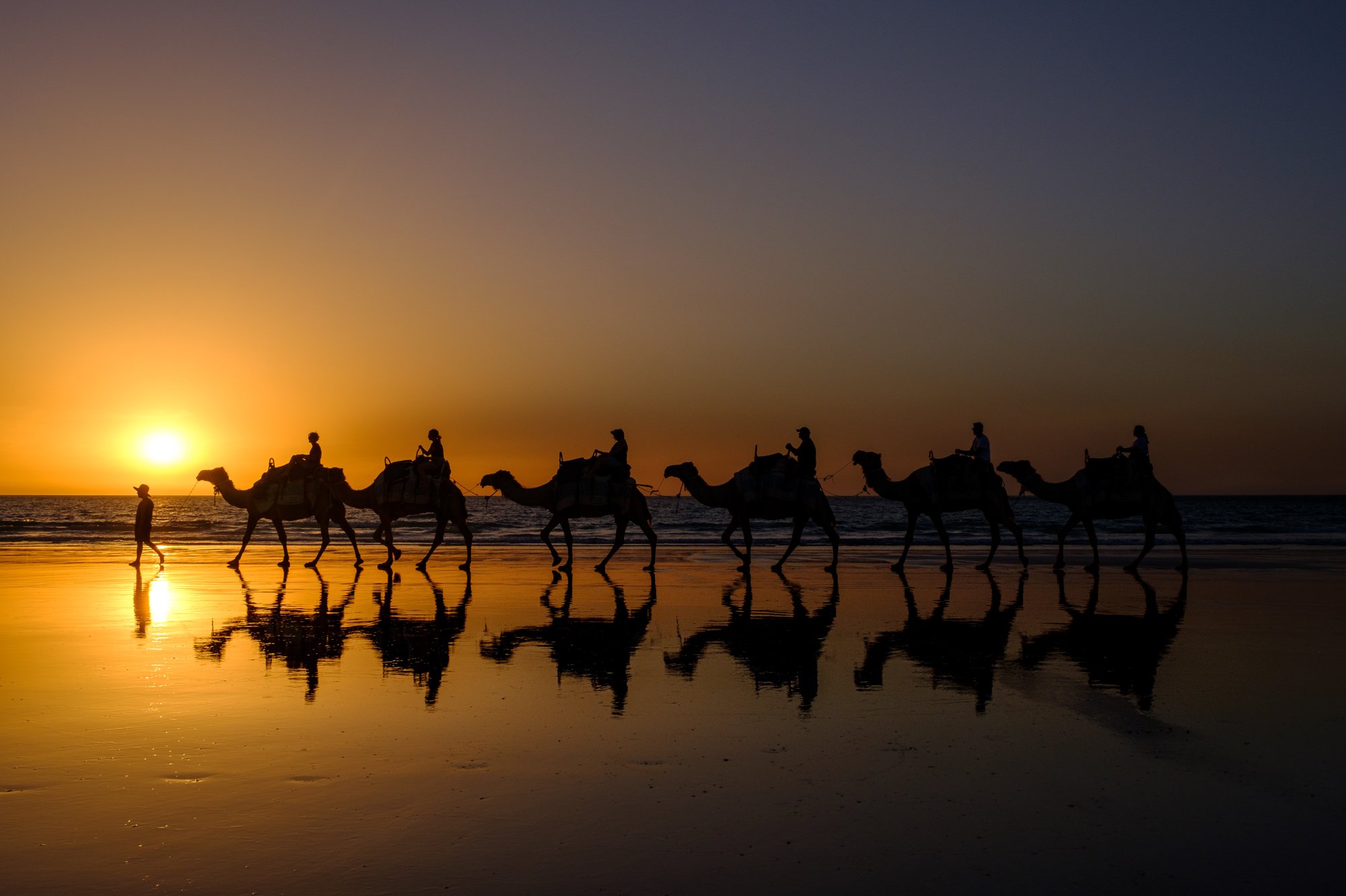 Tourists ride camels at sunset along Cable Beach