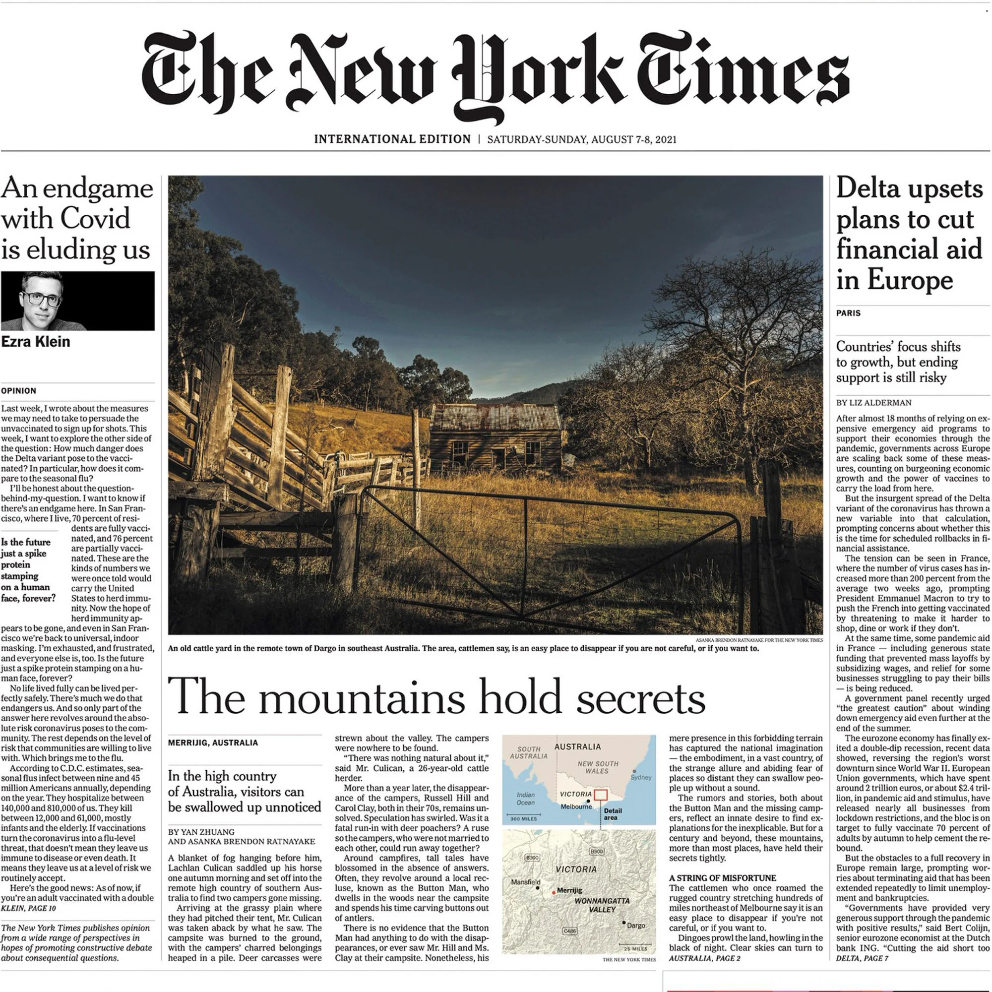 New York Times International front page tear sheet for “The Mountains Hold Secrets,” featuring photography by Asanka Brendon Ratnayake.