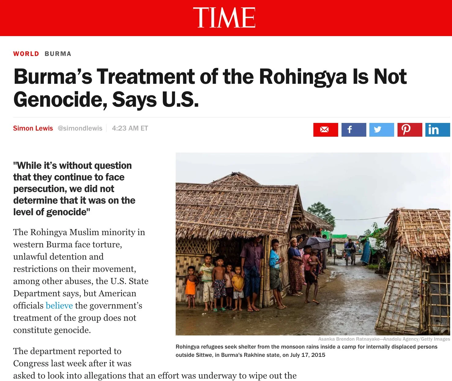 TIME magazine tear sheet from a Rohingya refugee camp story in Sittwe, Myanmar.
