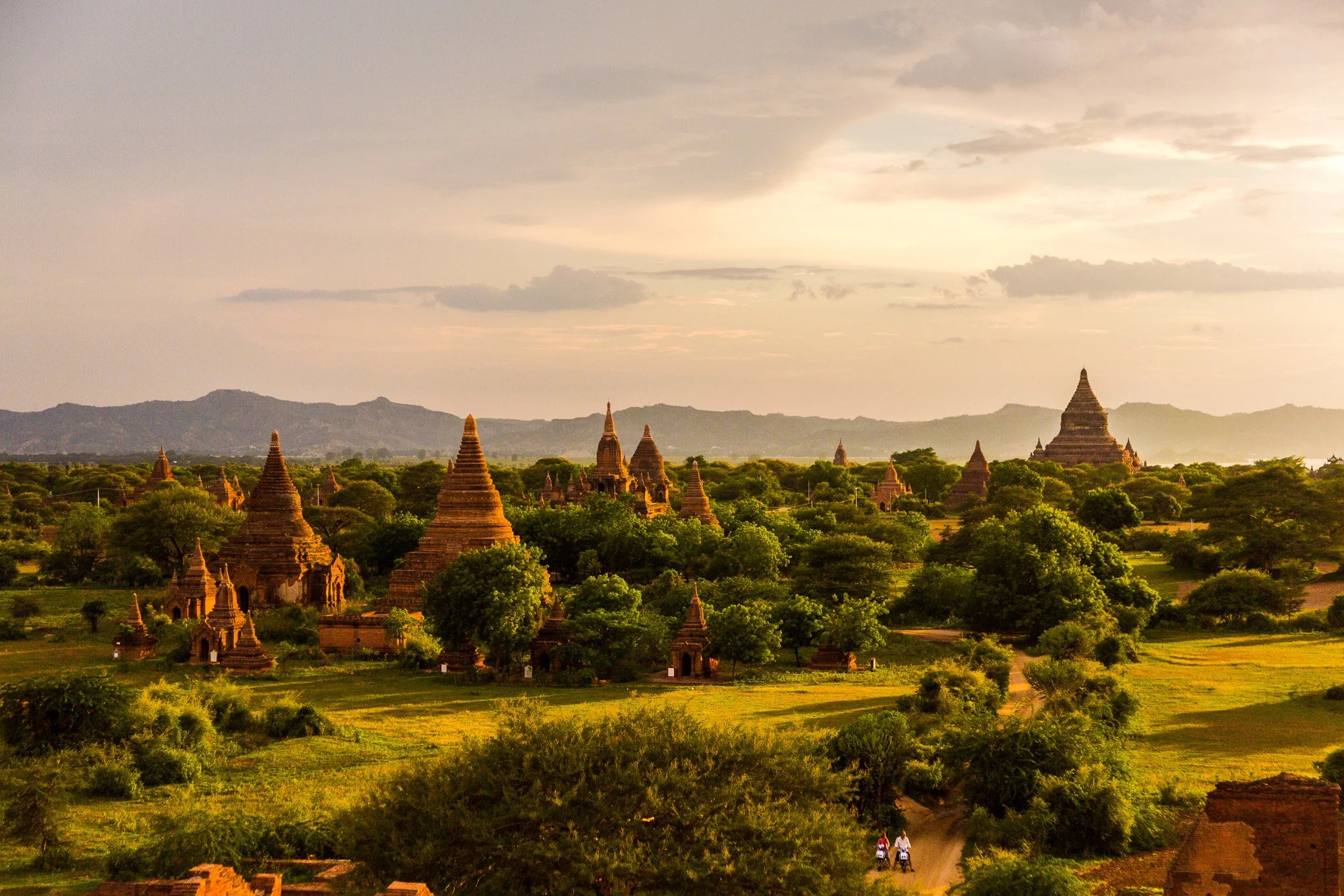 Temples and pagodas are silhouetted at sunset in Bagan, Myanmar.