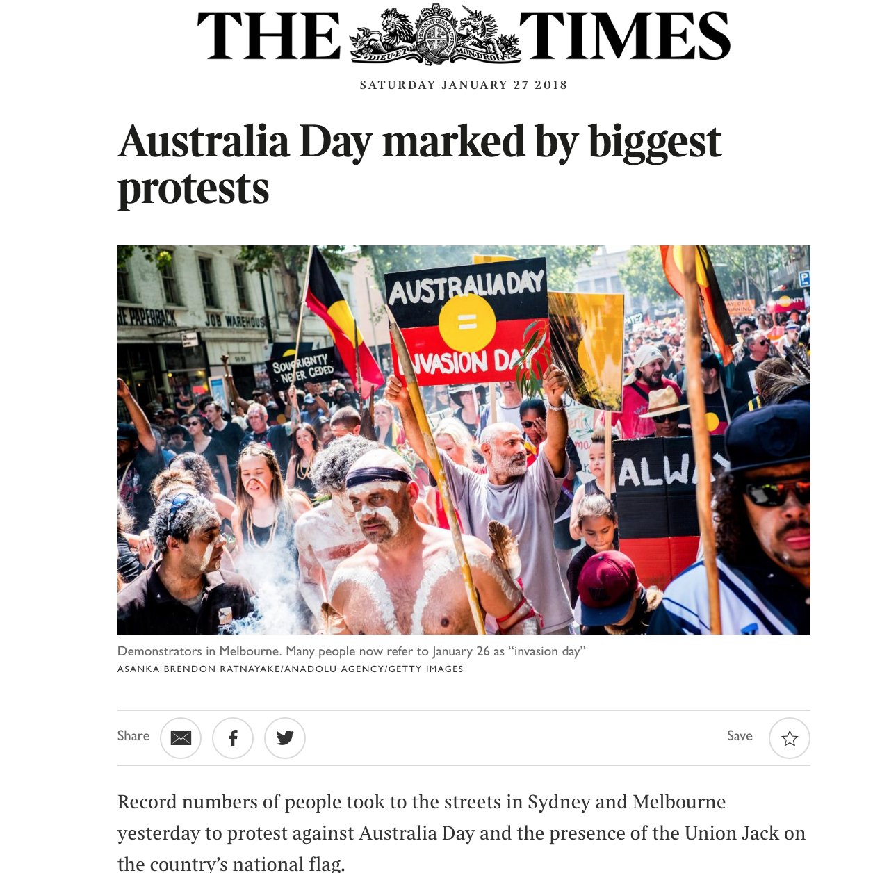 The Times tear sheet about Australia Day protests in Melbourne, featuring photography by Asanka Brendon Ratnayake.