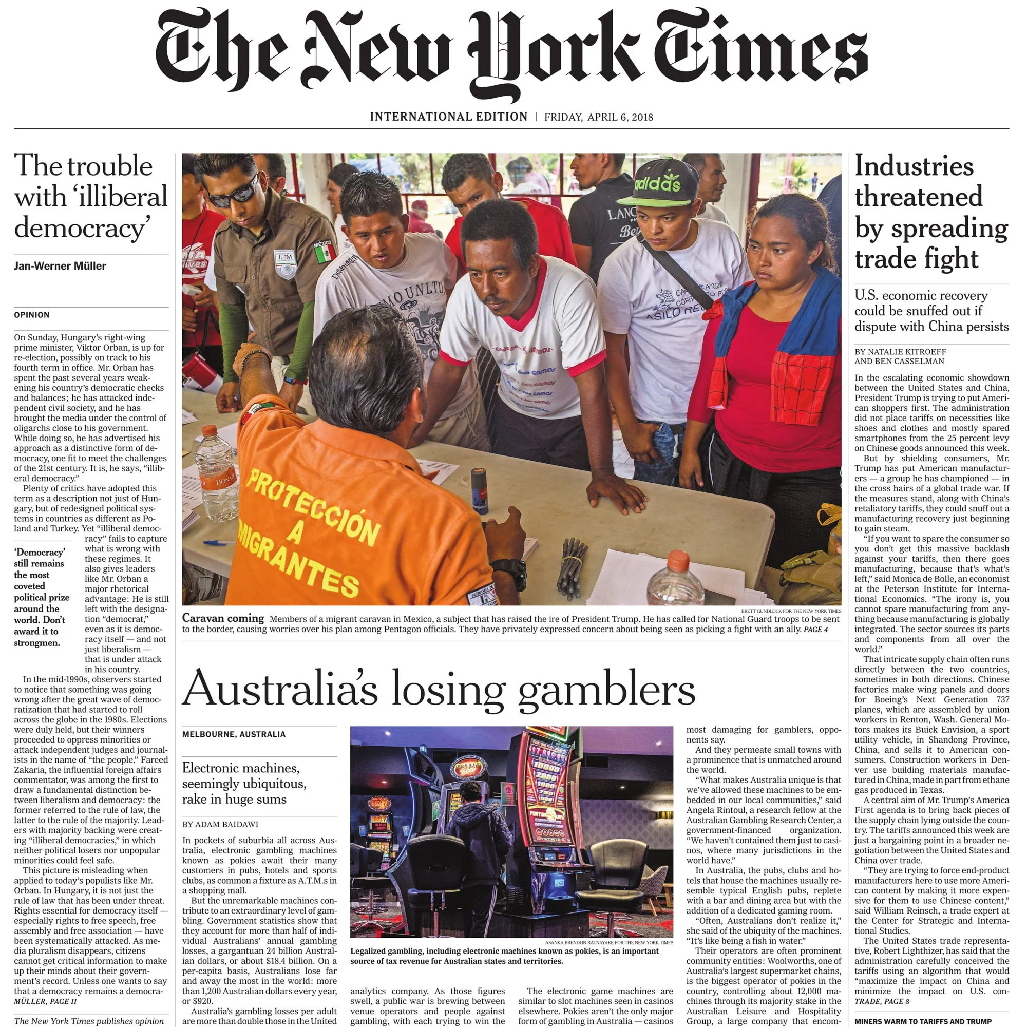 New York Times front-page tear sheet about Australia’s gambling crisis, featuring photography by Asanka Brendon Ratnayake.