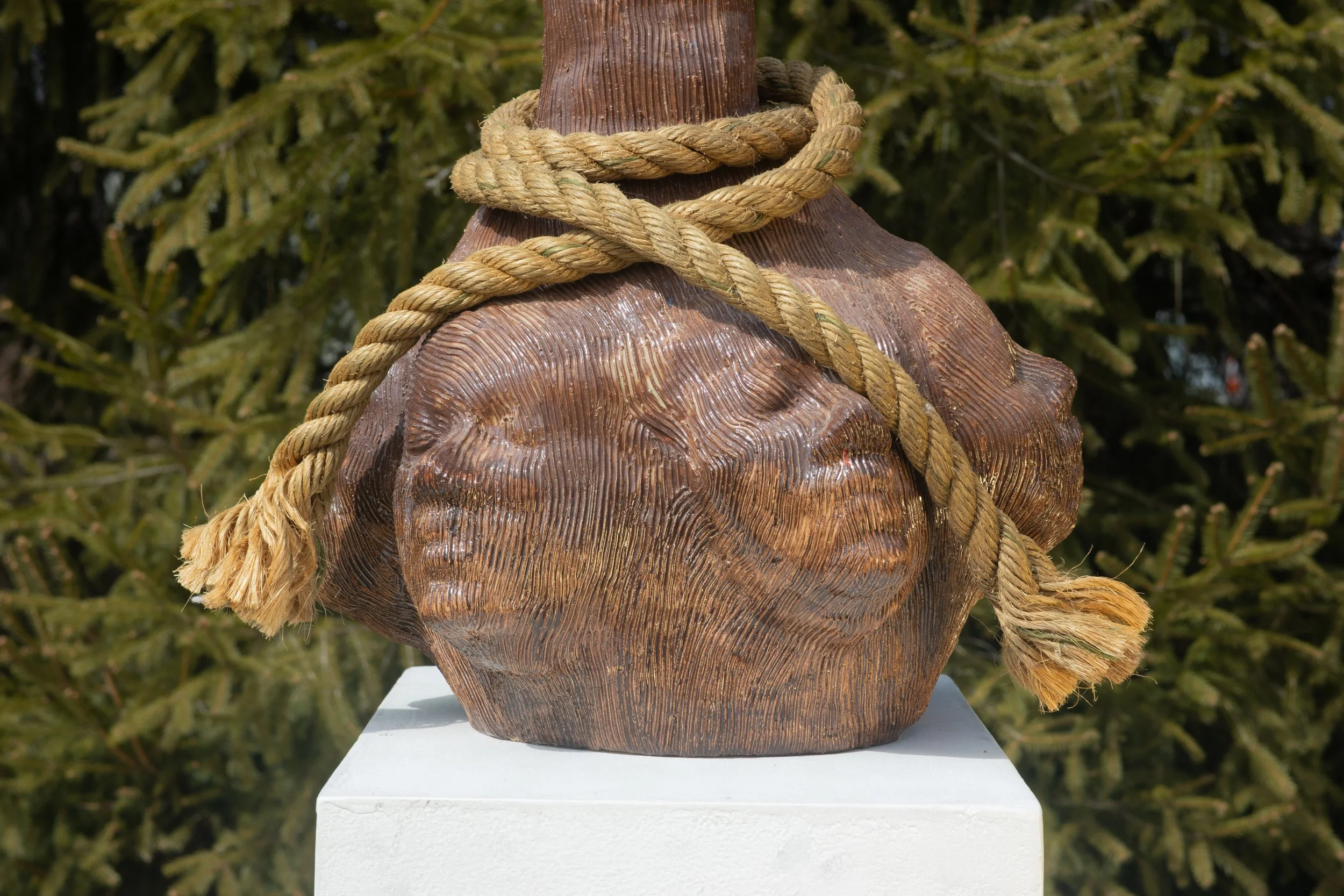 Wooden sculpture shaped like a human head with a large knot of thick rope around the top and neck, set outdoors with greenery in the background.