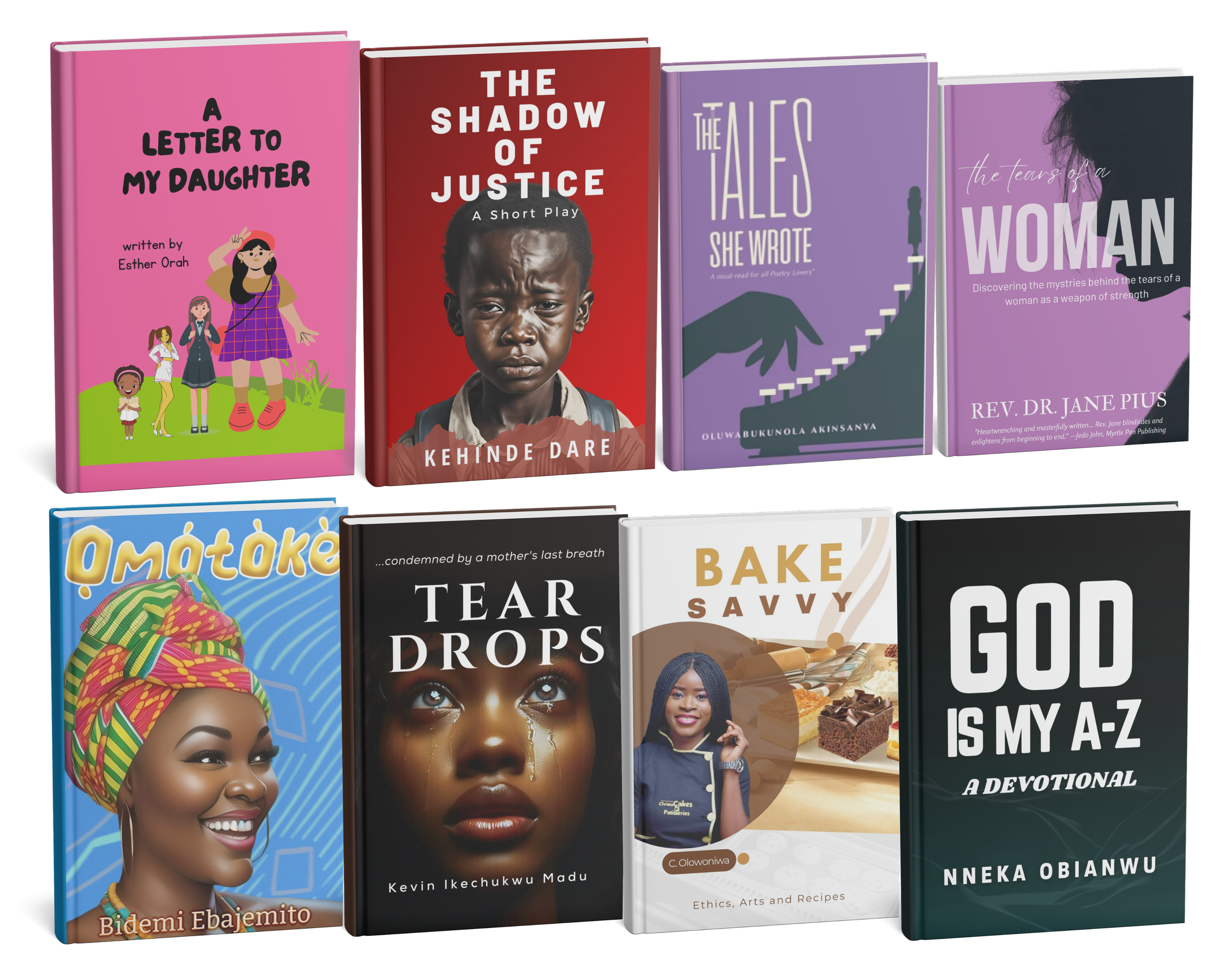 Collection of colorful books with diverse covers, including titles like 'A Letter to My Daughter,' 'The Shadow of Justice,' 'The Tales She Wrote,' and 'The Tears of a Woman.'