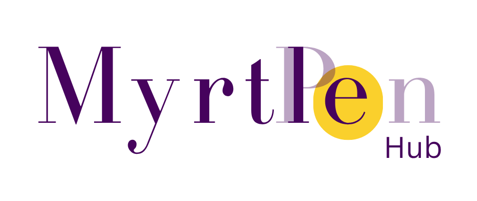 Logo for Myrten Hub with the text in purple and a yellow circle around the letter 'e'