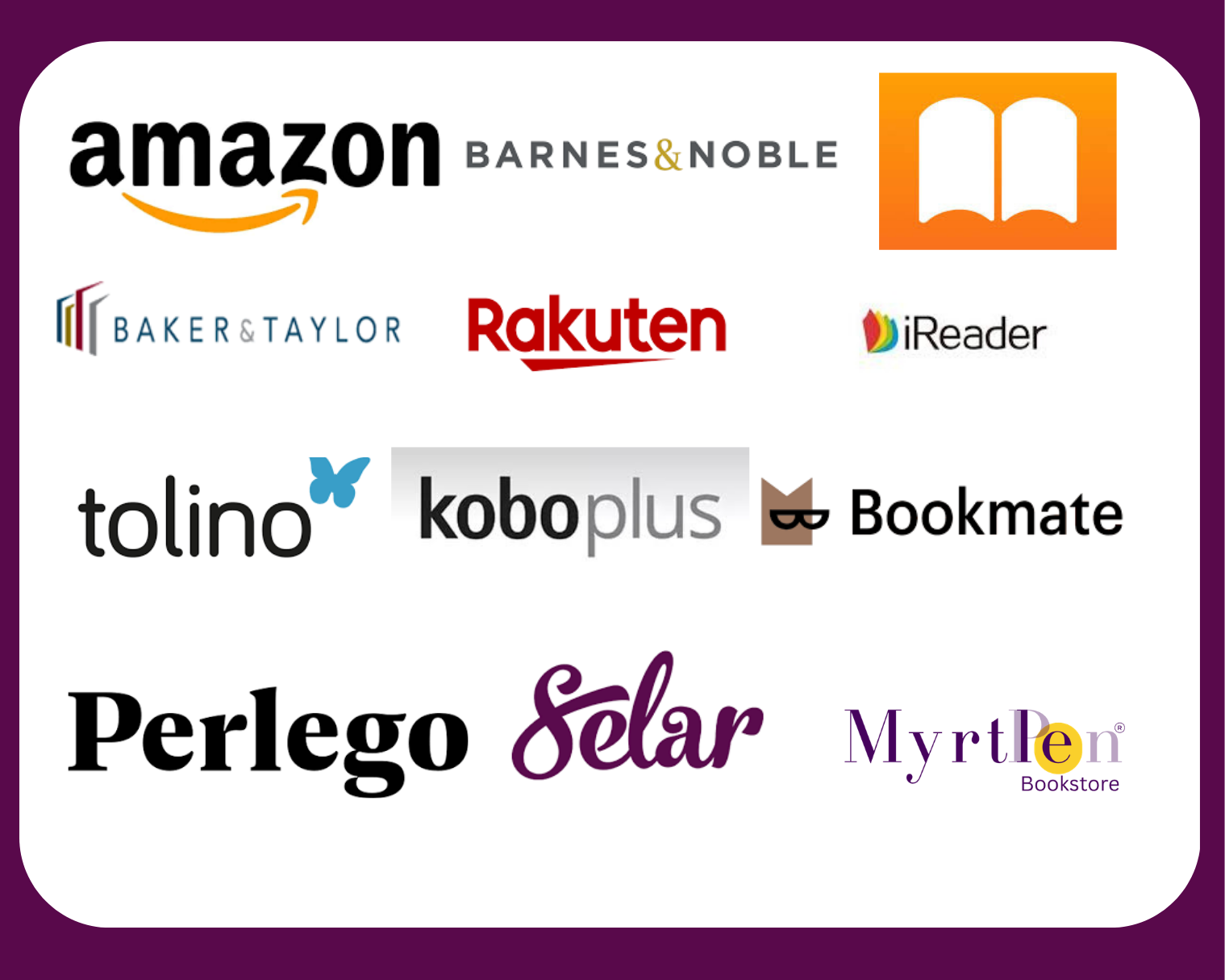 Collection of bookstore and online retailer logos, including Amazon, Barnes & Noble, Bookmate, Perlego, Solar, Myrten Bookstore, Baker & Taylor, Rakuten, iReader, Tolino, Kobo Plus, and Perlego.