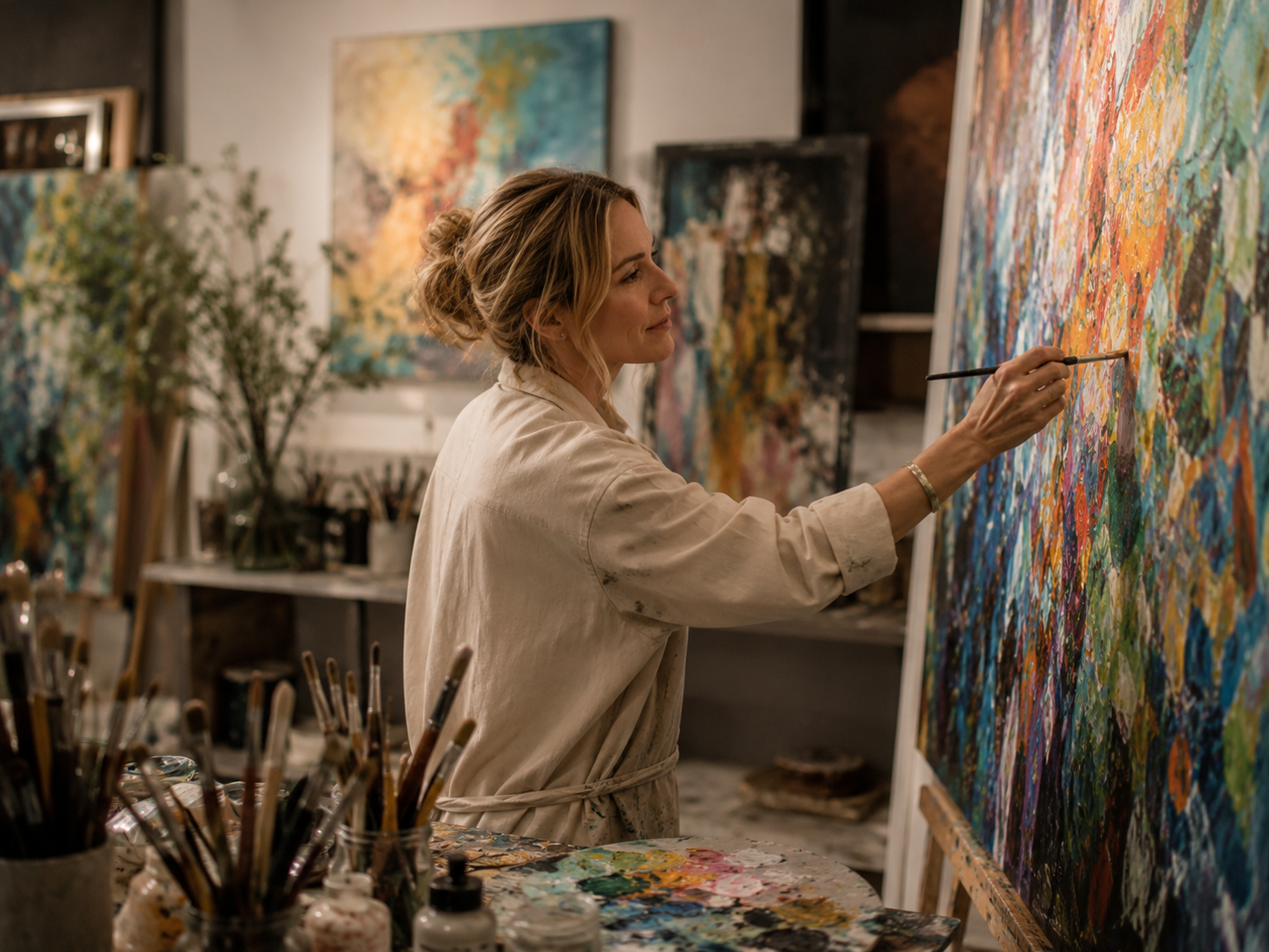 A woman painting an abstract artwork on a large canvas in an art studio with colorful paintings and art supplies surrounding her.