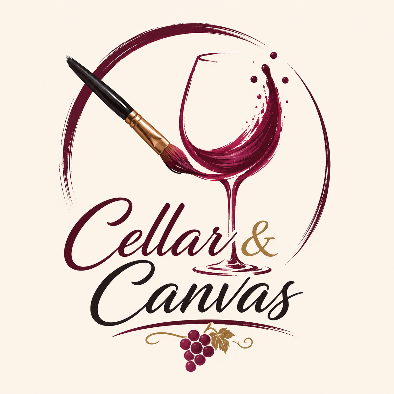 A wine glass being painted with red wine, with the paintbrush touching the glass. The image features text 'Cellar & Canvas' and a small bunch of grapes at the bottom.