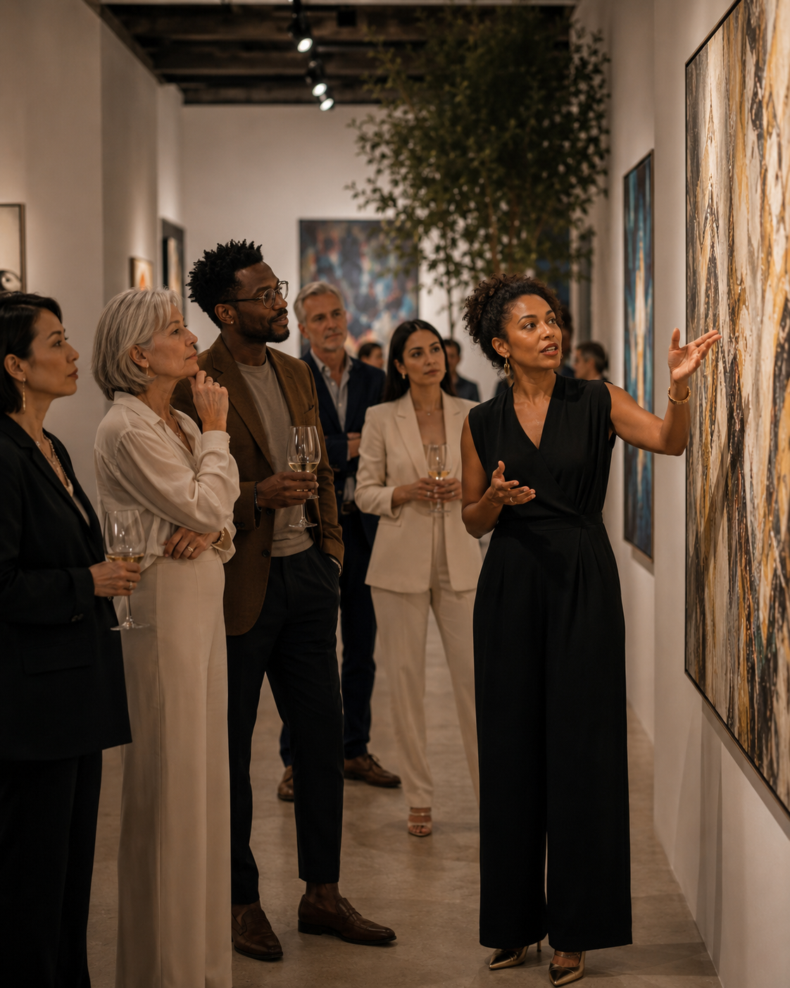 A group of diverse people in formal attire at an art gallery, listening to a woman in black explain a painting.