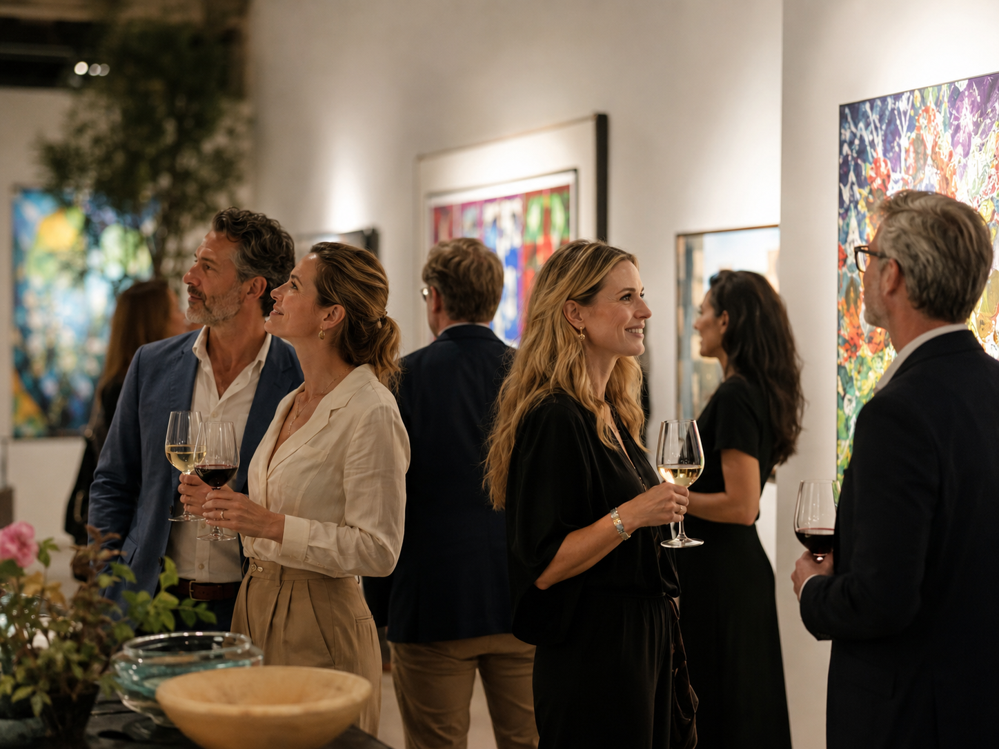 People at an art gallery viewing colorful paintings, holding wine glasses, engaging in conversation, with a flower arrangement in the foreground.