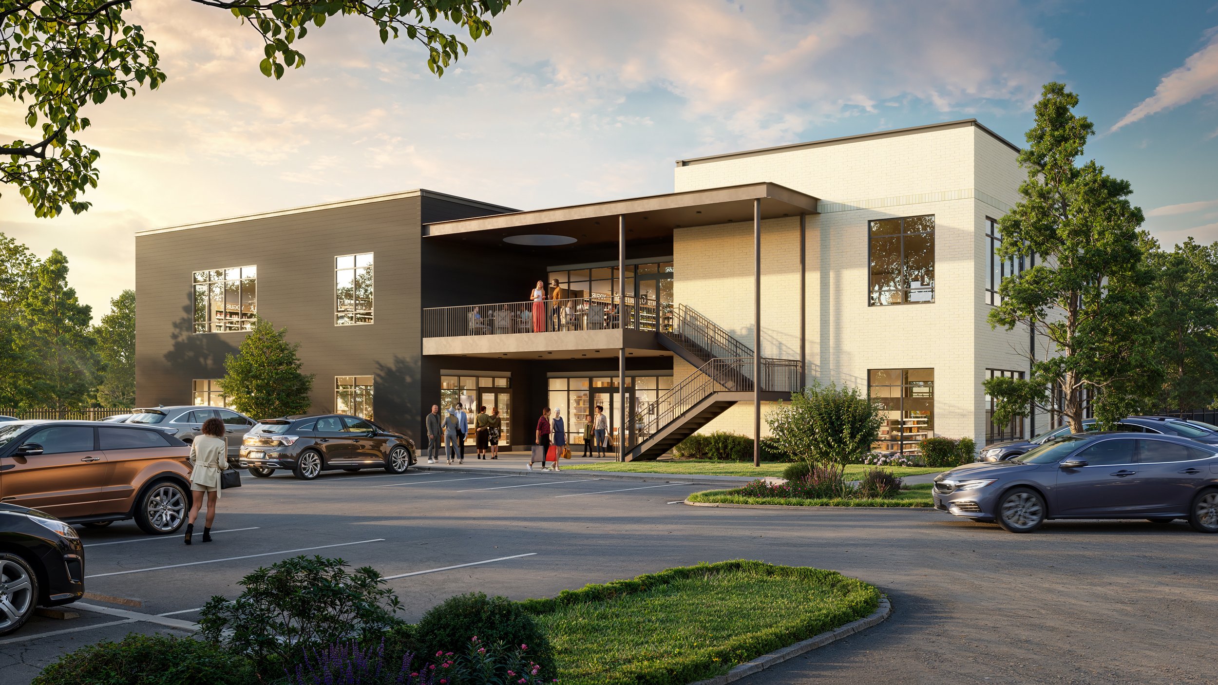 Modern two-story commercial building with large windows and a balcony, surrounded by a parking lot with several cars and people walking and gathering outside, under a partly cloudy sky.