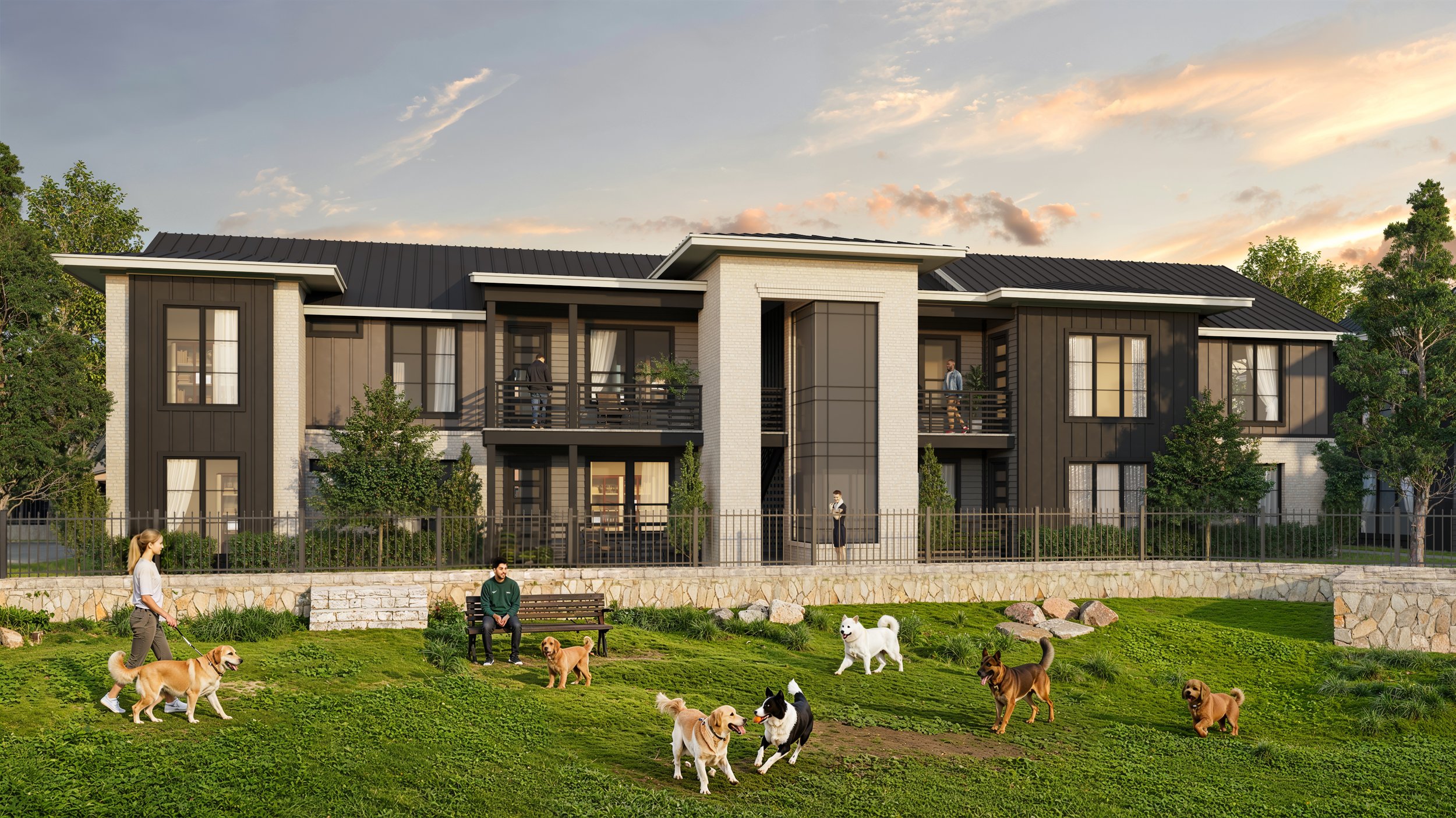 A modern apartment building with a black and white exterior and multiple balconies, surrounded by green trees. In the foreground, people are walking dogs and sitting on benches in a grassy area.