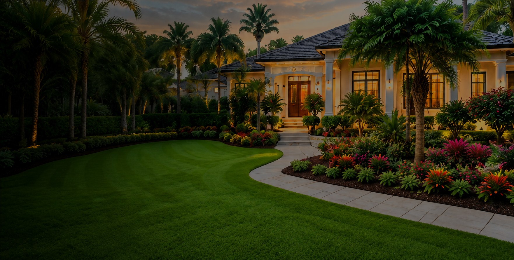 Elegant house with a well-manicured lawn, tropical plants, and palm trees at sunset.