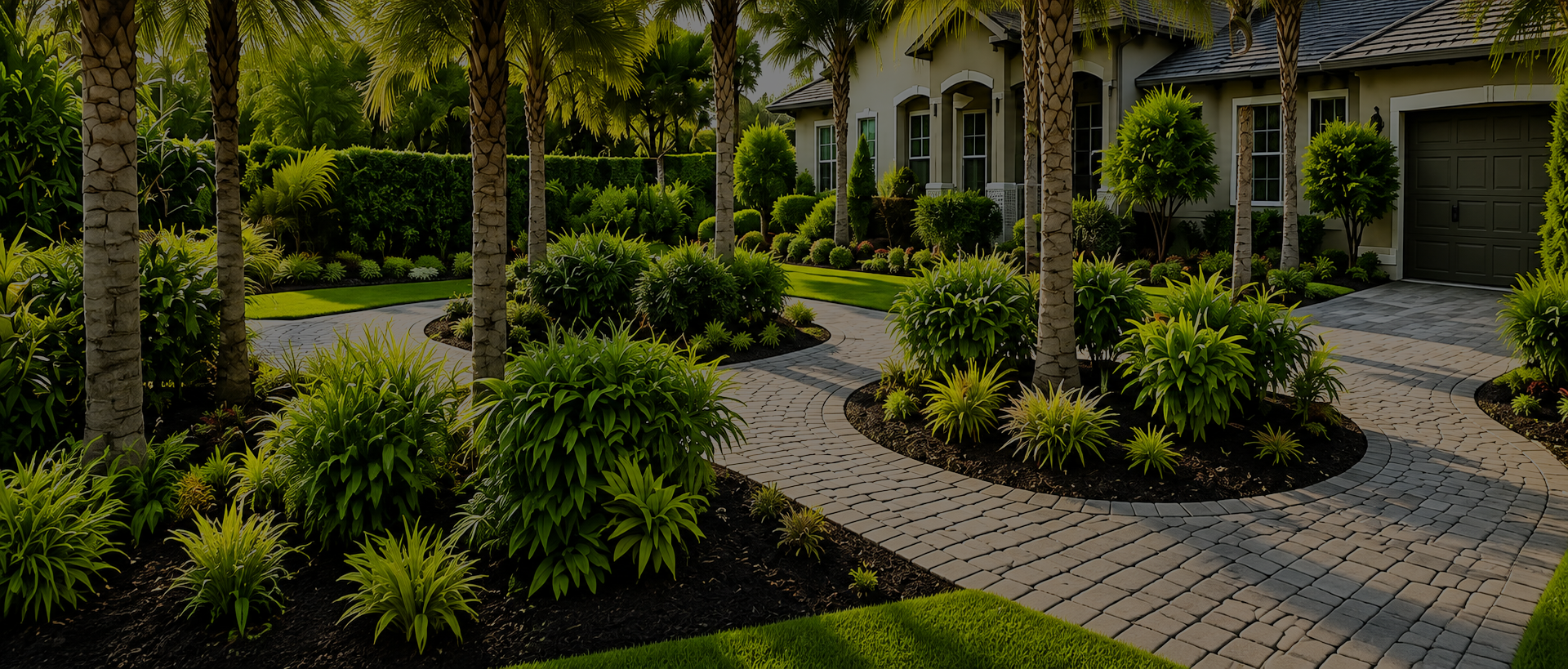A landscaped front yard with a curved brick pathway and well-maintained green shrubs, ornamental plants, and palm trees in front of a suburban house with a garage and porch.
