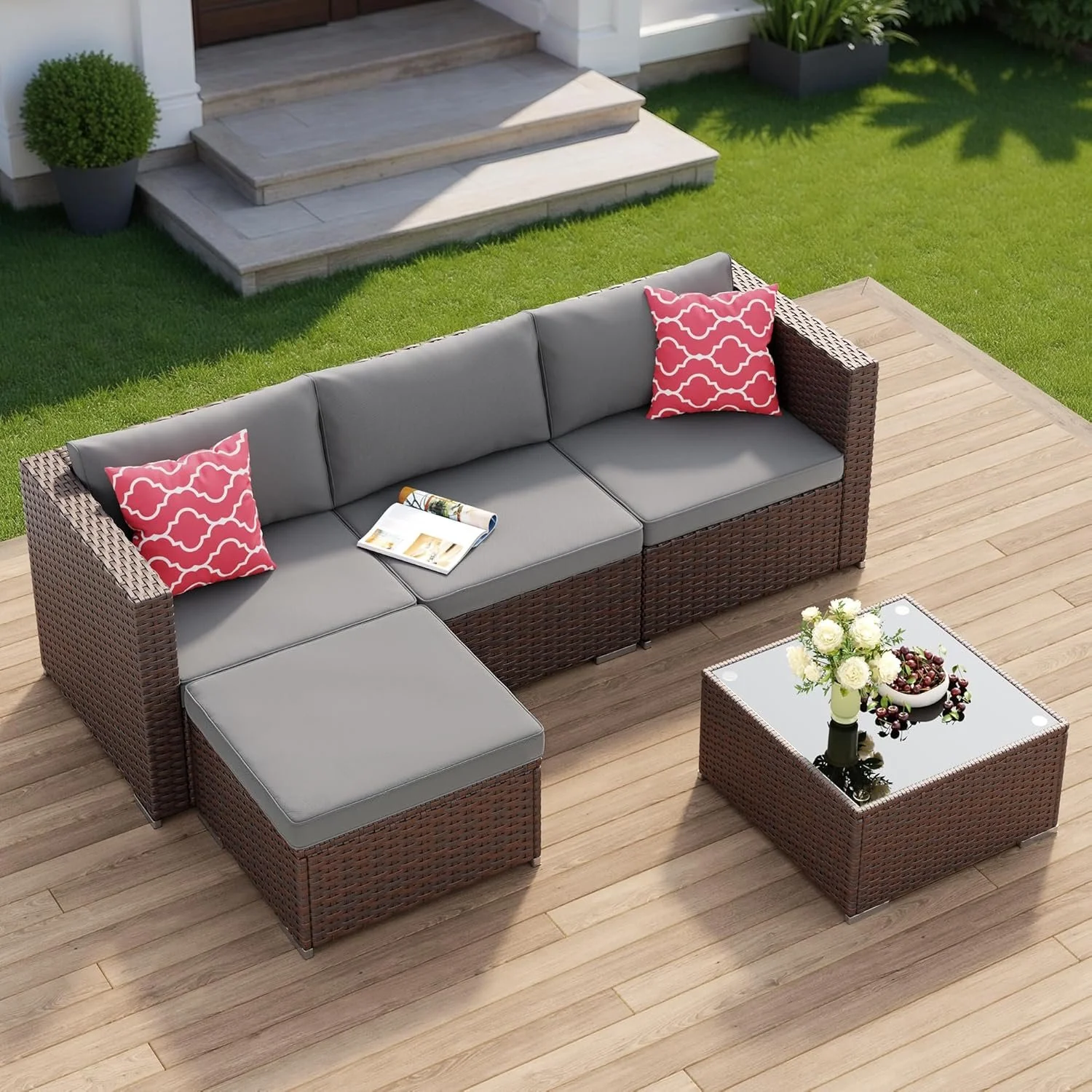 5 Pieces Patio Furniture Set All-Weather Outdoor Wicker Sectional