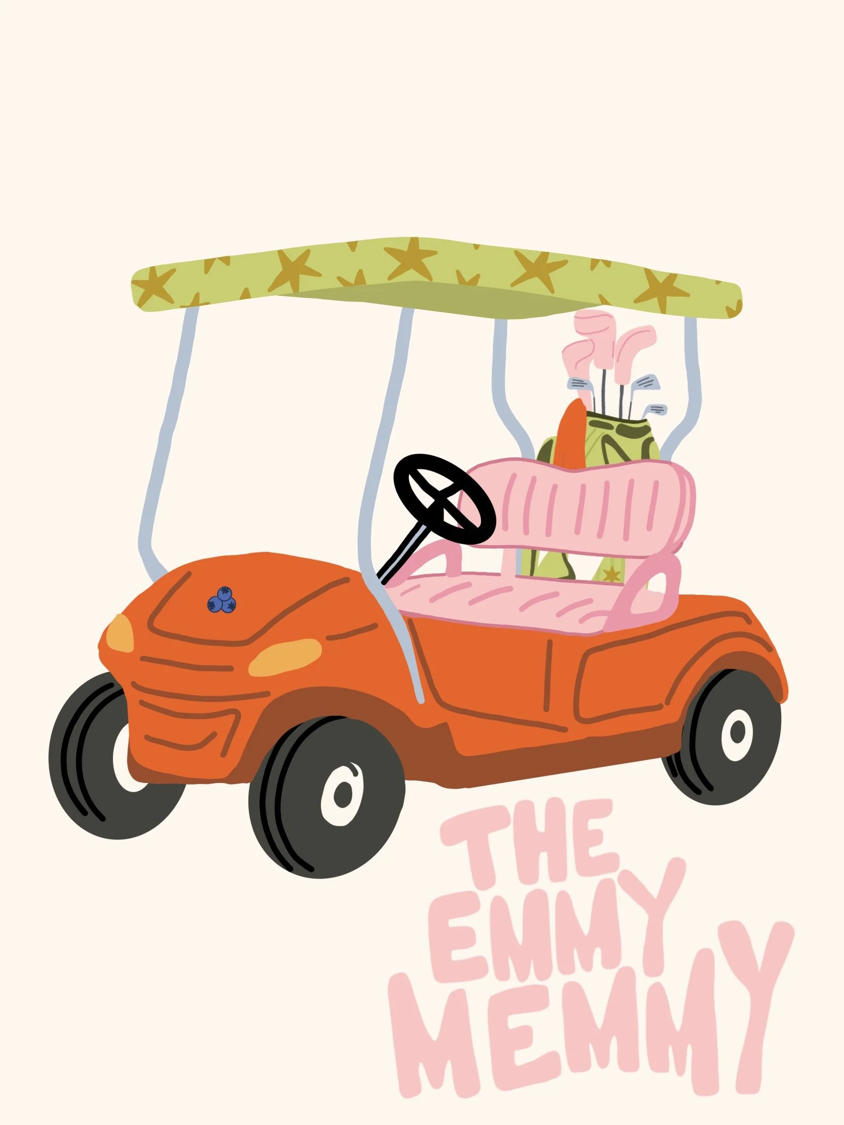 A cartoon image of a small orange car with black wheels, a pink bench inside it, a green canopy with star patterns, and a golf club. The car has blueberries on the hood, and there are pink shape elements with the words "the funny Emily" partially visible in the background.