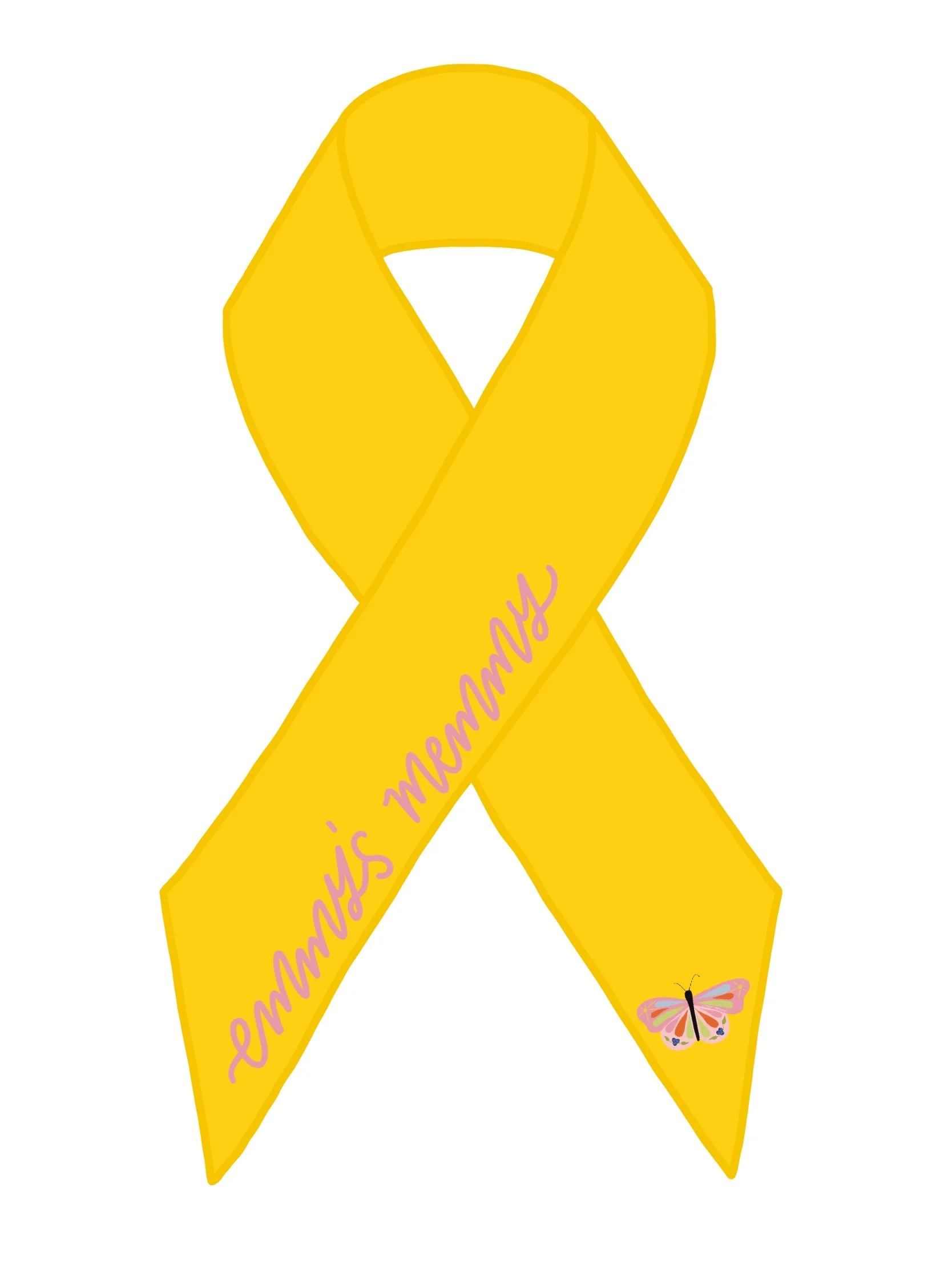 A yellow ribbon with purple cursive text and a small butterfly illustration, the words "In Emmys Memmy" written, symbolizing pediatric cancer awareness.