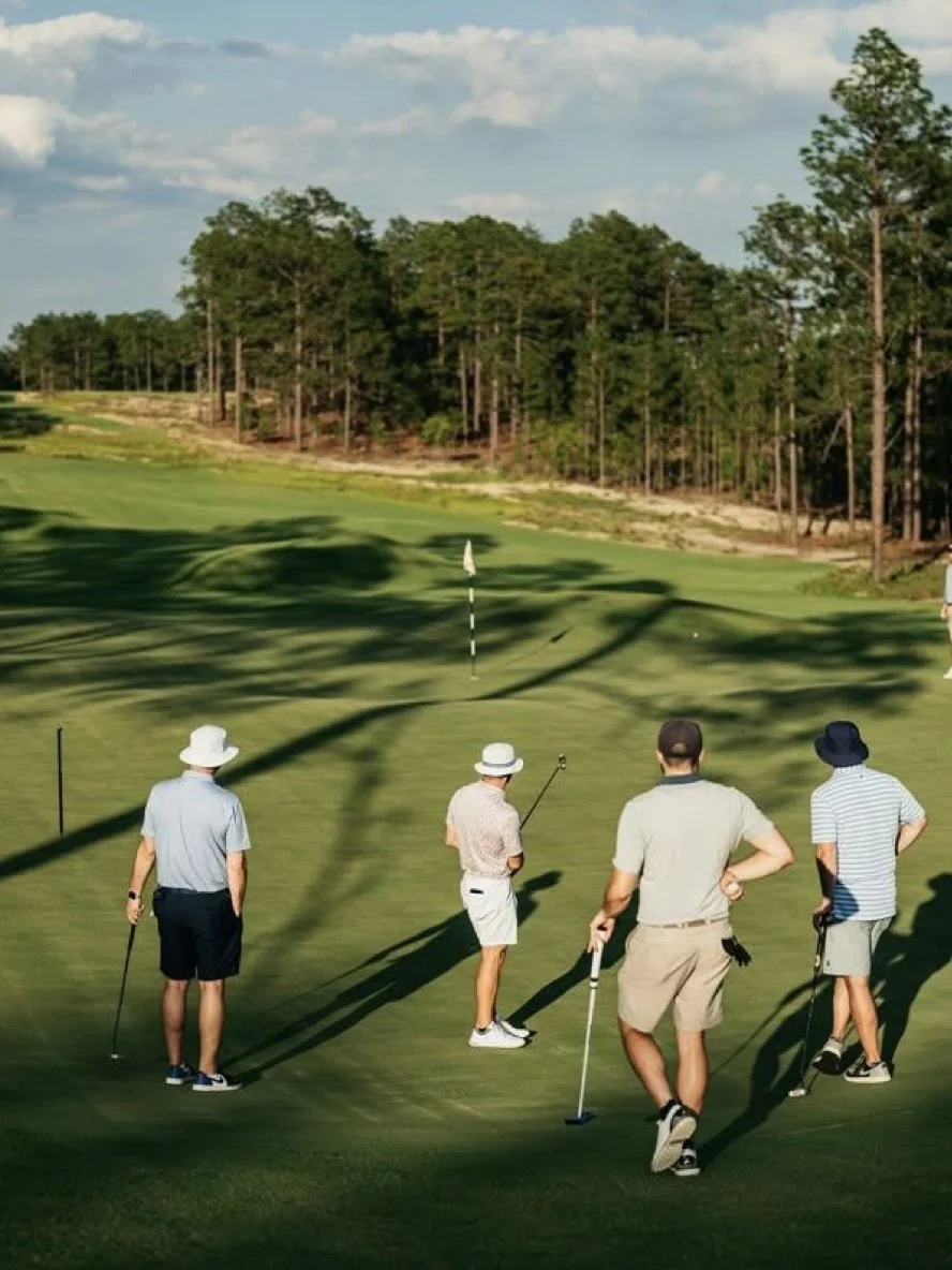 Group of four men playing golf on a golf course with trees in the background, some holding golf clubs, and shadows cast on the grass.