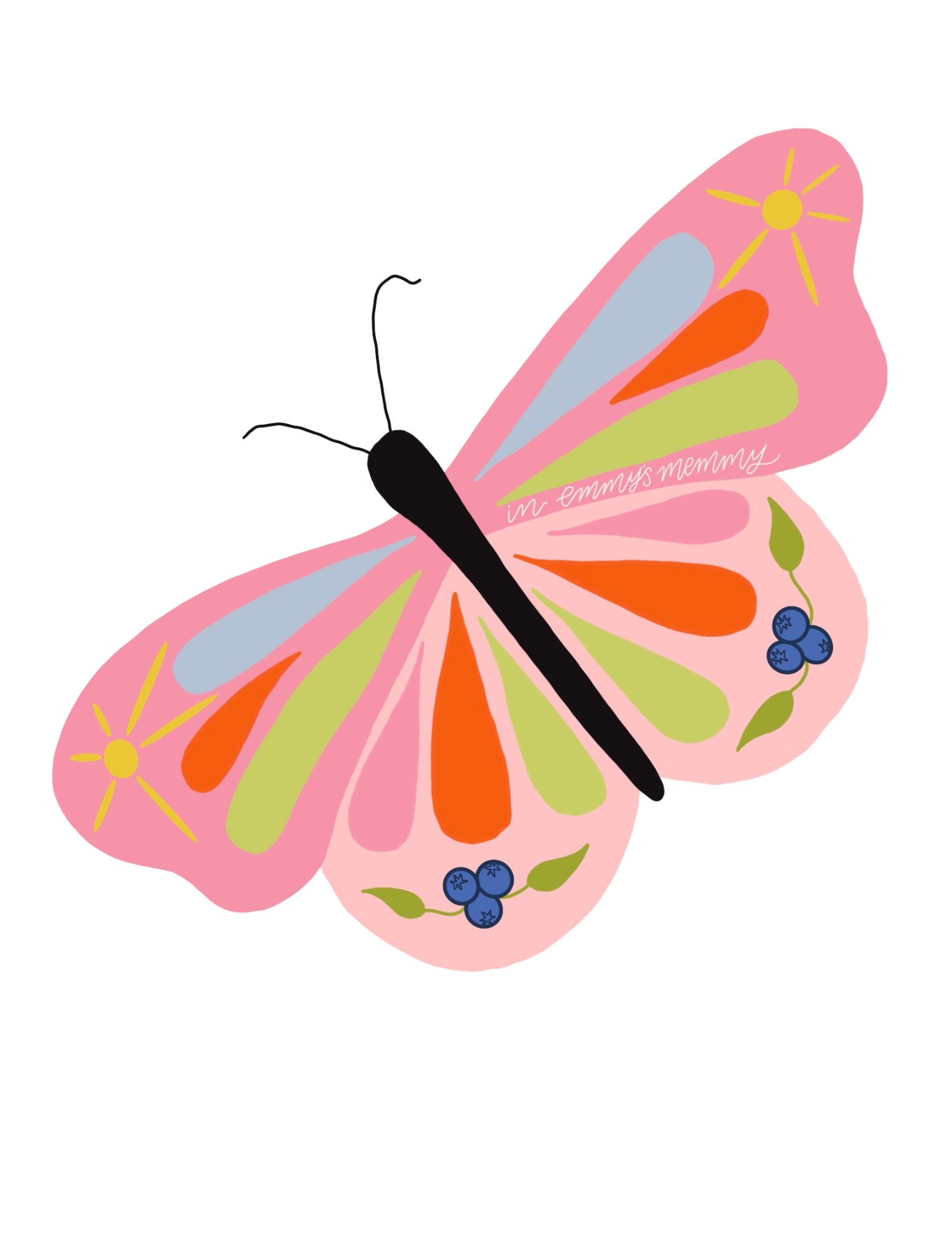 A pink butterfly with colorful patterns on its wings, including yellow, green, orange, and blue sections, with additional details like a small sunflower, a cluster of blueberries, and the words "in emmy's memmy" written on the wing.