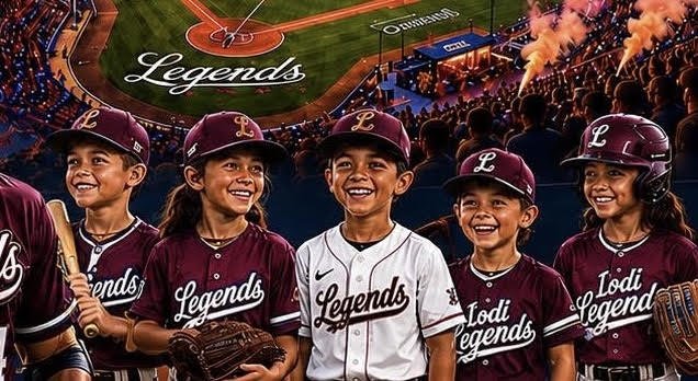 Group of five young children in baseball uniforms smiling at a baseball stadium.