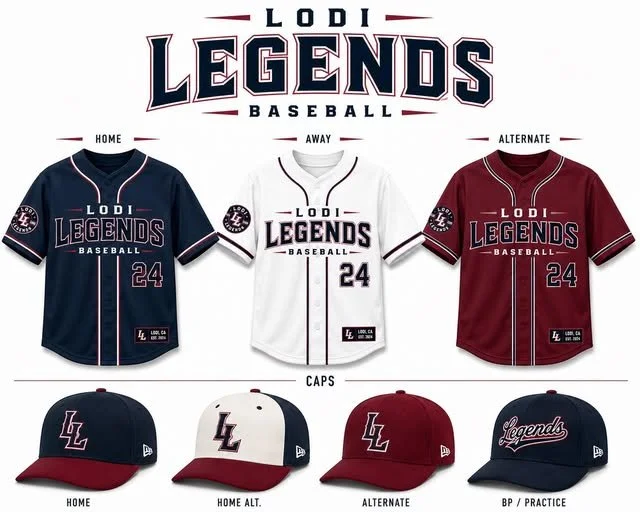 Lodi Legends Baseball team merchandise including jerseys in home, away, and alternate colors, and caps in various styles with team logos.