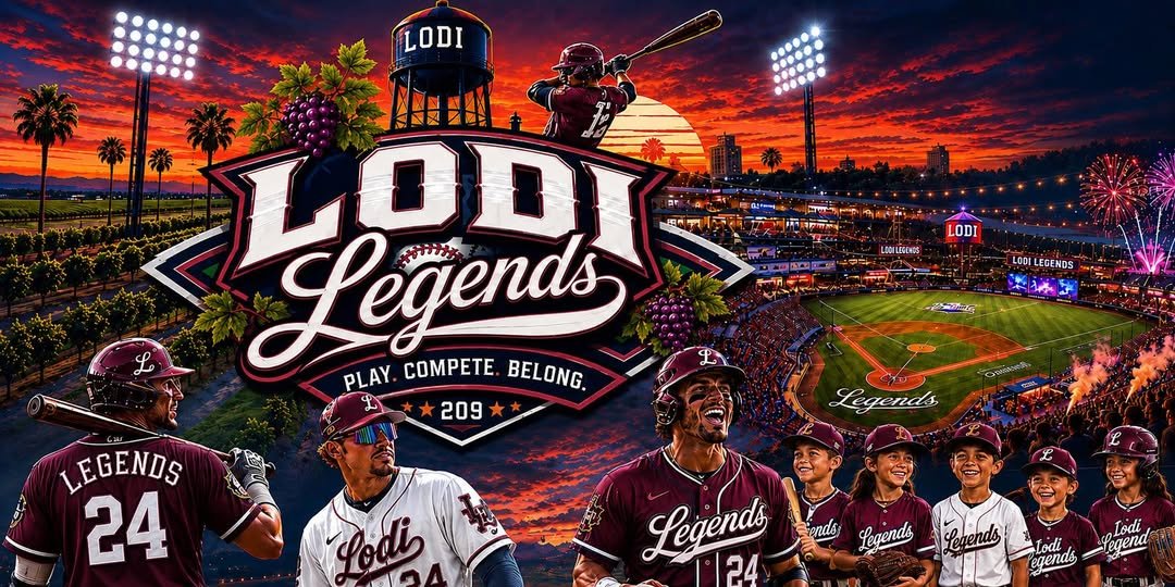 A promotional graphic for Lodi Legends youth baseball team featuring a stadium, players, and sunset background with fireworks.