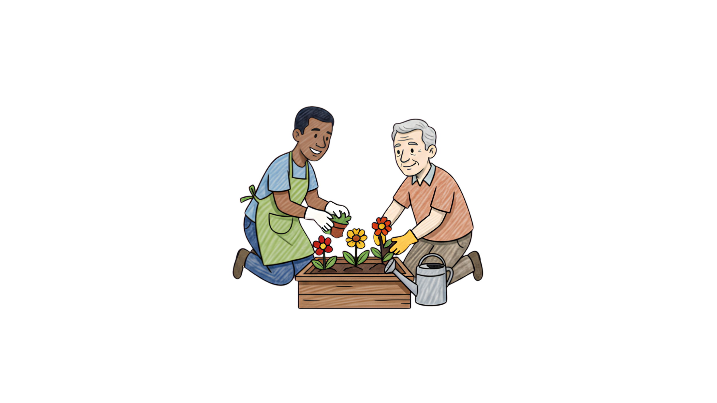 Two people planting flowers together in a wooden planter box, one kneeling and the other sitting, watering the plants.