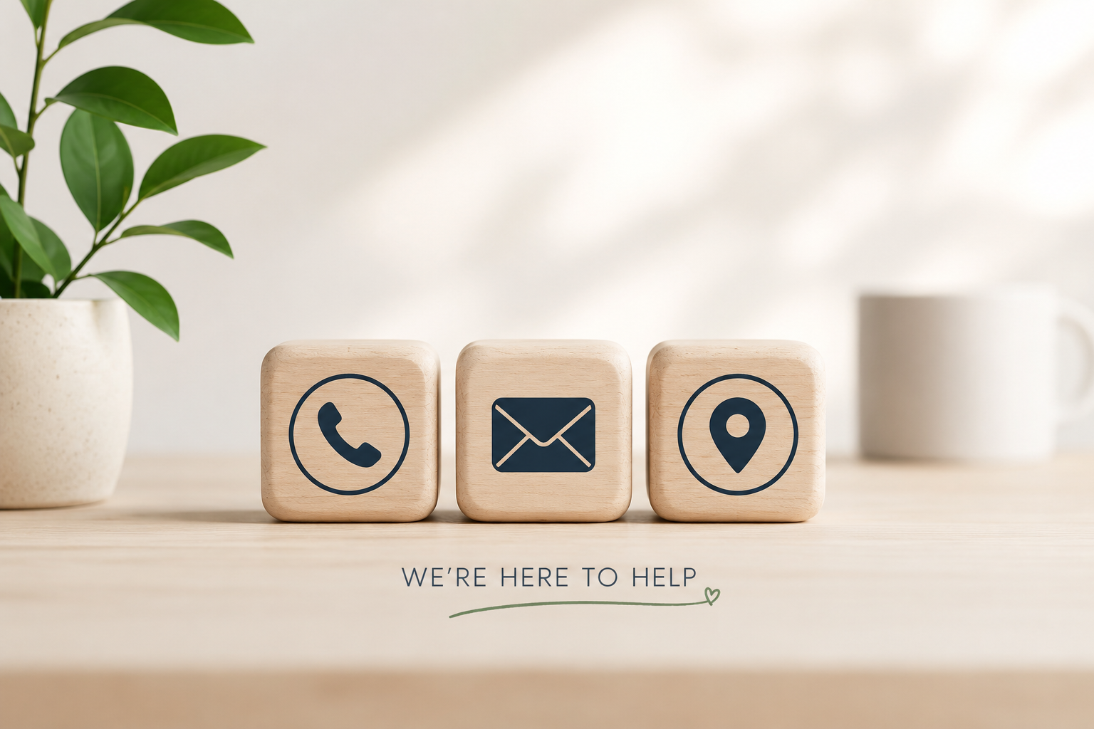 Wooden blocks with icons of a phone, email, and location arranged in a row on a light-colored surface, with a potted green plant on the left and a white mug in the background on the right, and the text "WE'RE HERE TO HELP" below.