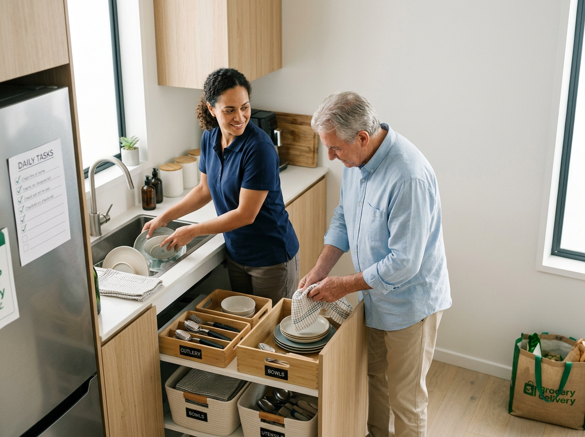 A woman and an older man are doing dishes in a kitchen, with the woman washing dishes at the sink and the man drying dishes at a countertop. There are wooden shelves with labeled sections for cutlery and bowls.