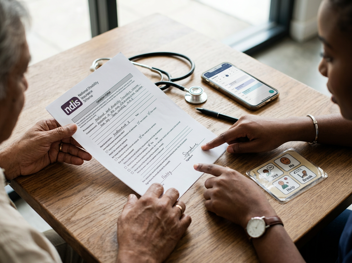 A caregiver and a patient sitting at a wooden table with a COVID-19 vaccination consent form, stethoscope, smartphone, pen, and a card with help and support icons.