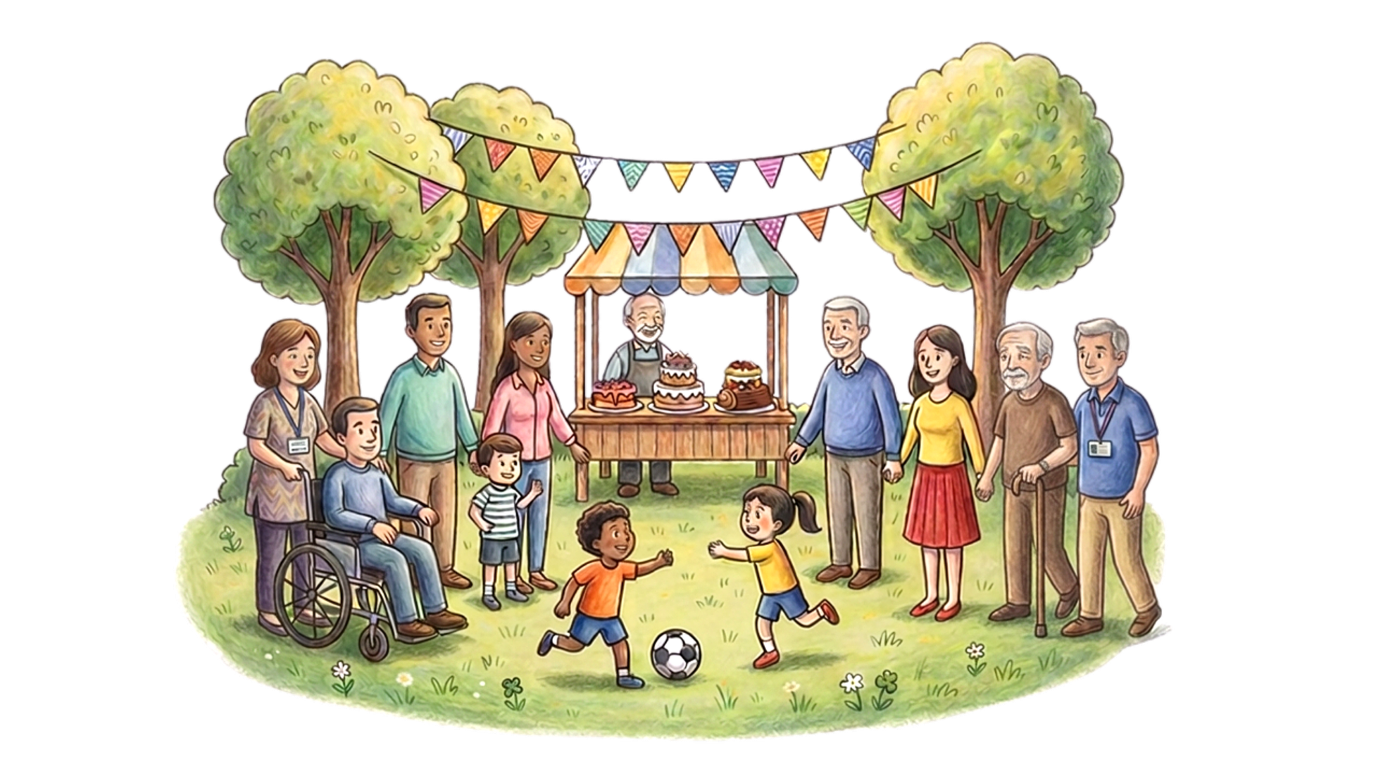 Celebration outdoor scene with adults and children, some in wheelchairs, socializing and playing soccer near a cake stand decorated with colorful bunting, surrounded by trees.